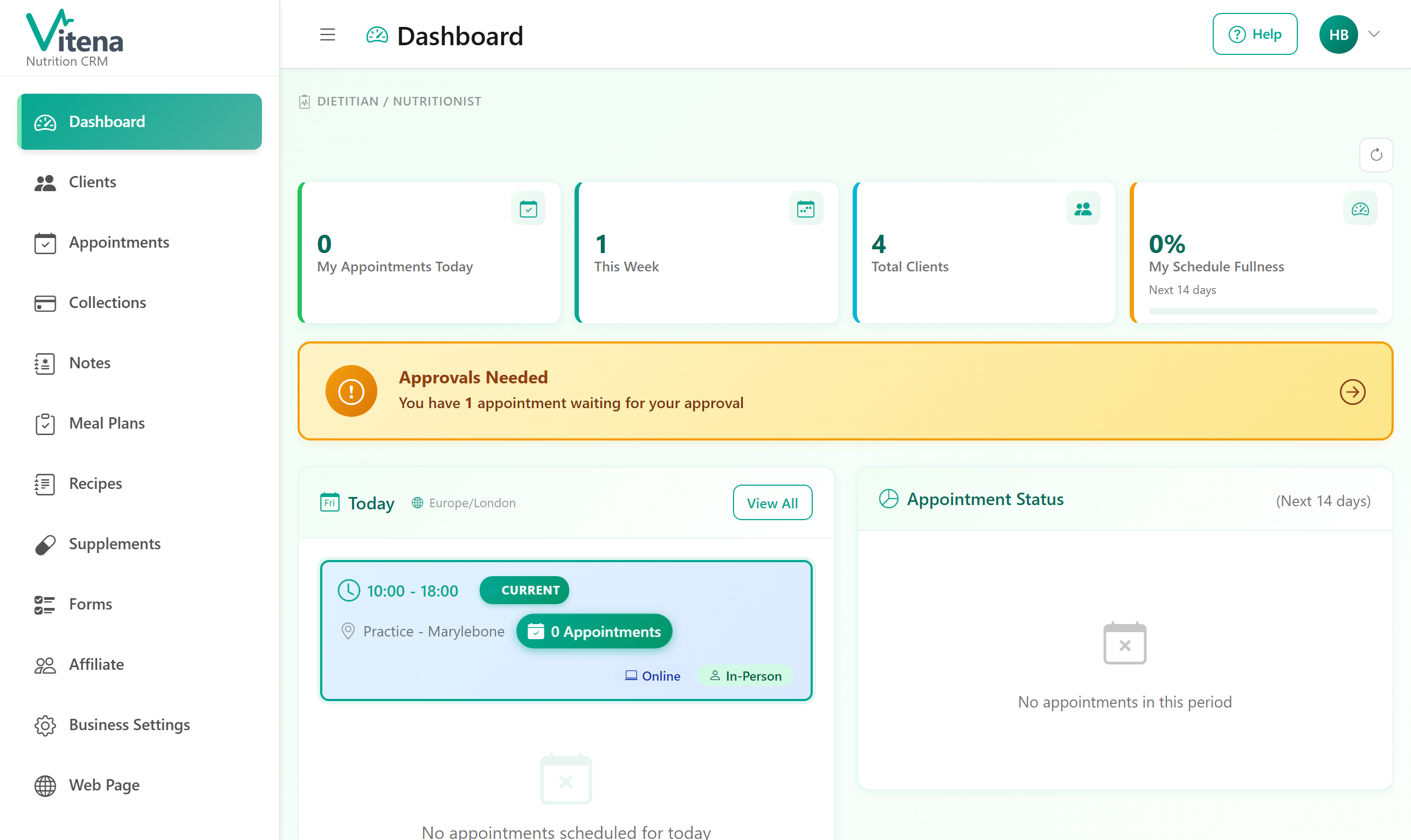 Screenshot of dashboard