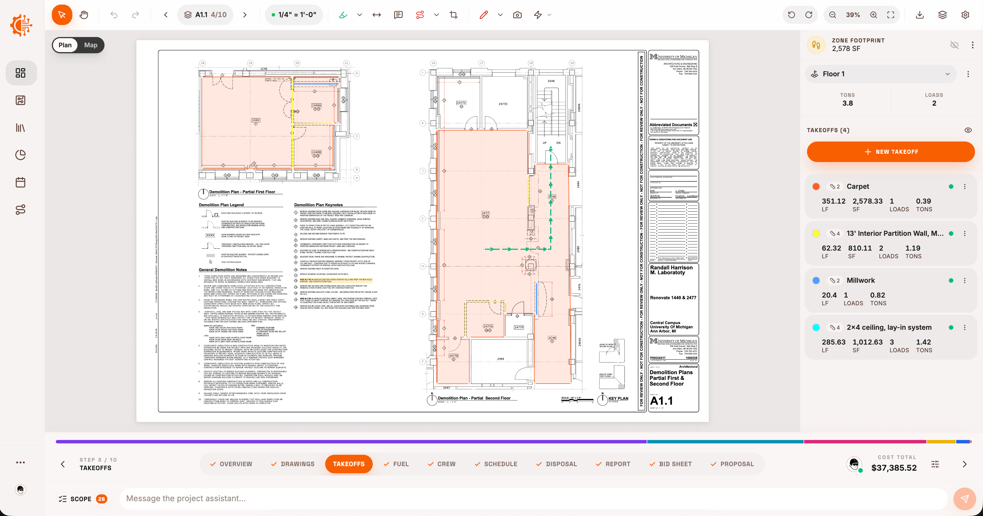 Screenshot of the Plans & Drawings page where estimators can draw takeoffs.