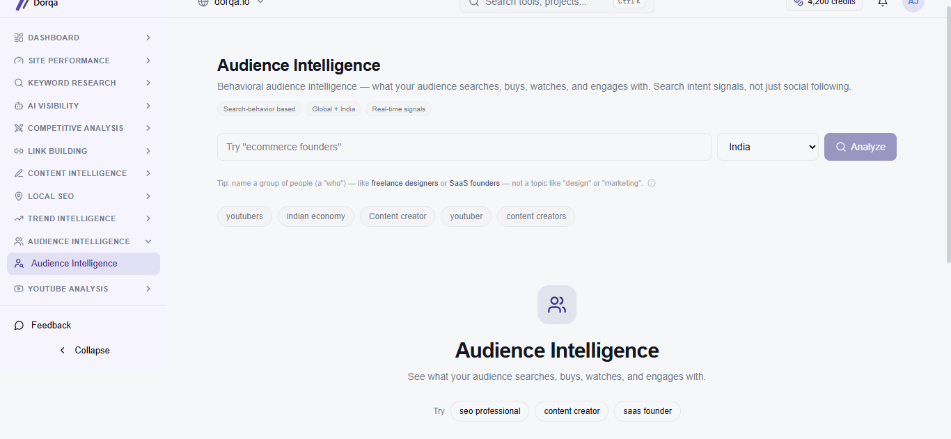 Screenshot of Dorqa Audience Intelligence, which helps understand search intent, interests, and engagement patterns to reach the right people with the right message.