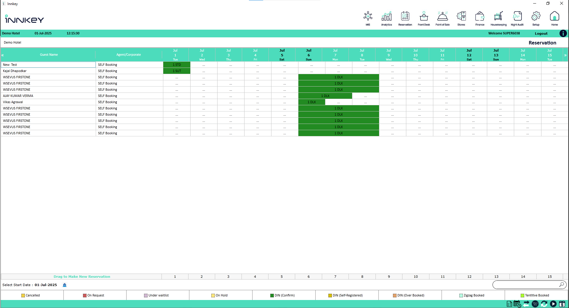 Screenshot of the interactive reservation calendar where users can visualise room availability, bookings, and occupancy.