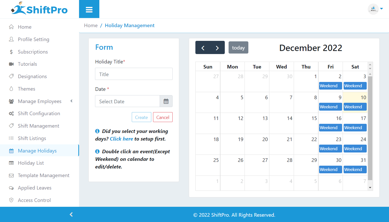 Screenshot of Company holiday management