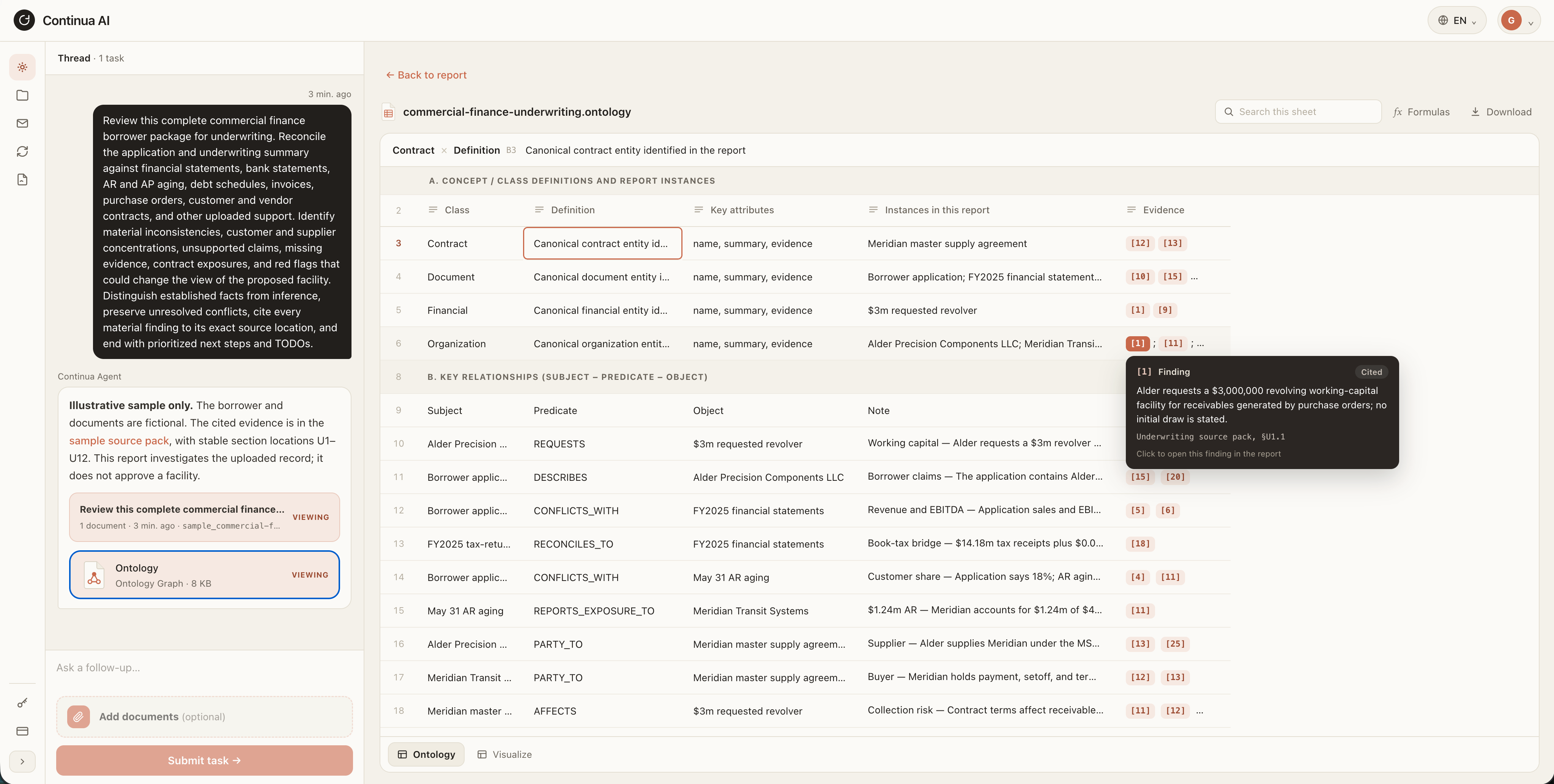 Screenshot of Cited AI analysis for credit agreements and deal documents