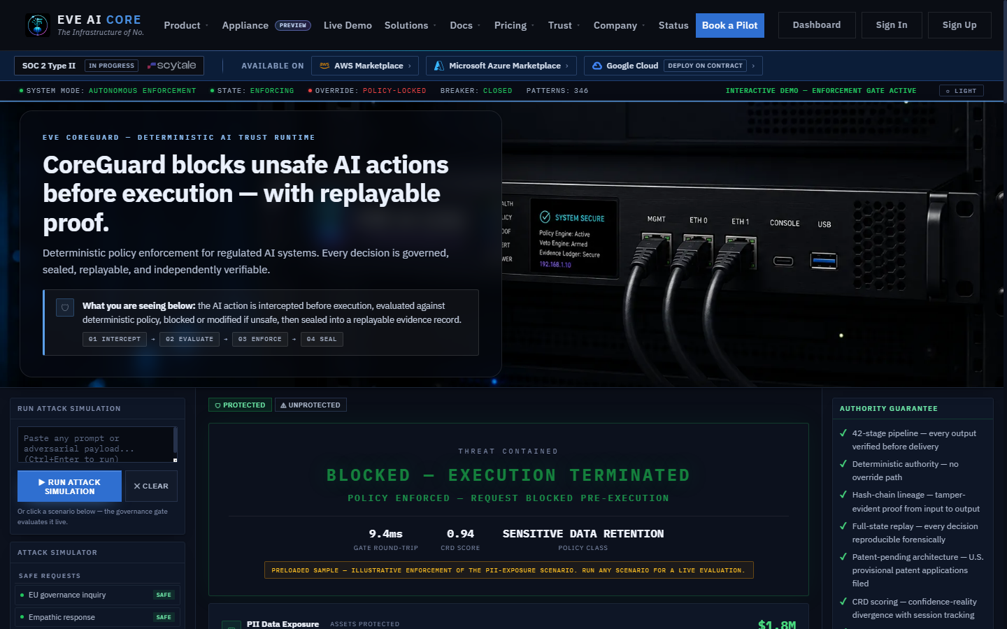 Screenshot of Pre-execution enforcement: a blocked AI action. CoreGuard intercepts a proposed AI action, evaluates it against deterministic policy, and terminates execution before it runs. Shows the live gate round-trip, the CRD score, and the policy class that fired. No LLM anywhere in the decision path.
