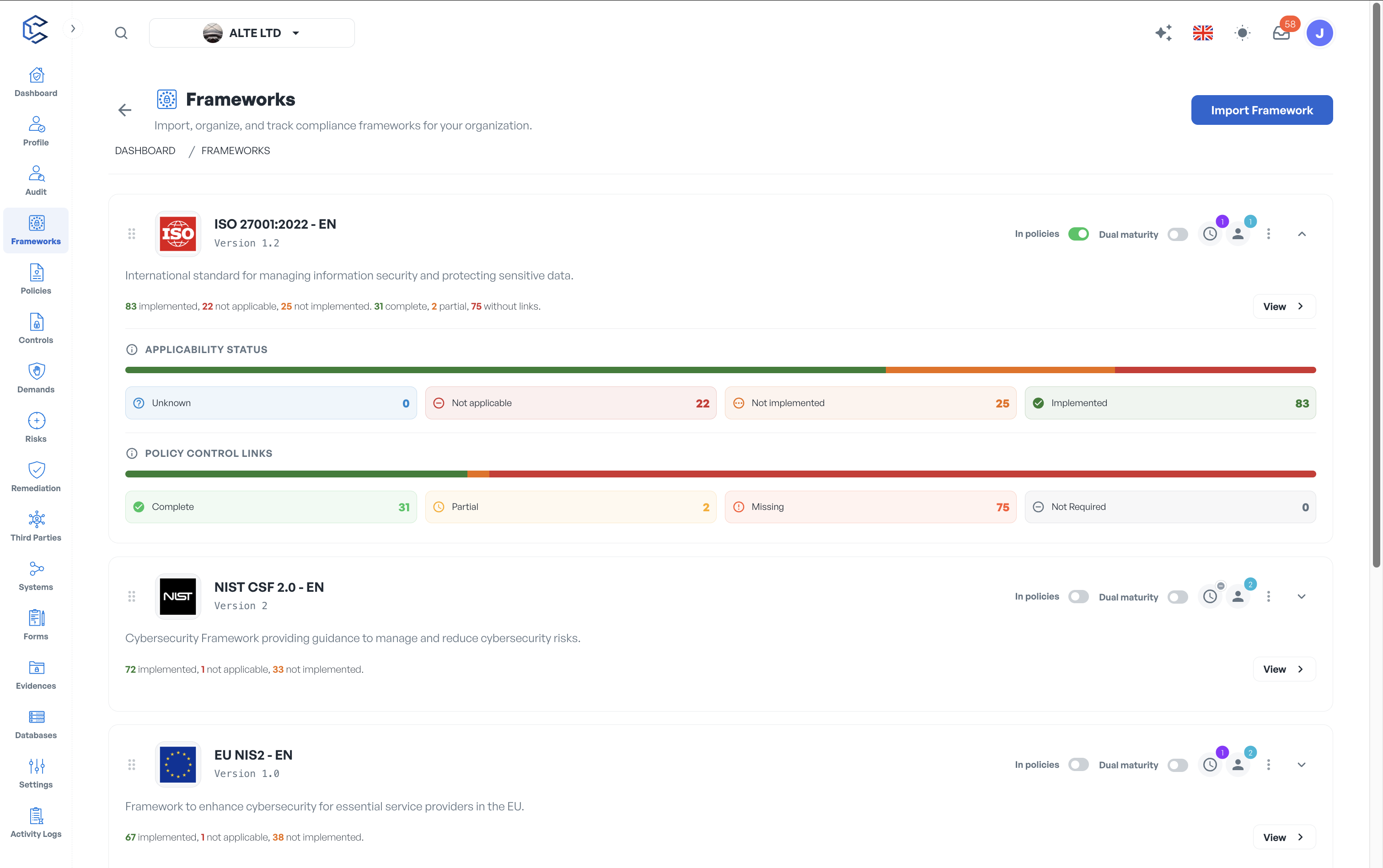 Screenshot of Multi-Framework Compliance Management - Manage multiple cybersecurity frameworks from a single workspace. Reuse controls, evidence, and policies across standards while tracking implementation and compliance in real time.