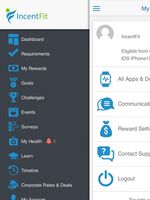 Screenshot of Navigate all the features of your IncentFit account through your Dashboard. You can access your dashboard through our web or mobile app. Employees can view or record their recent activity, check their earnings and see announcements from admins.
