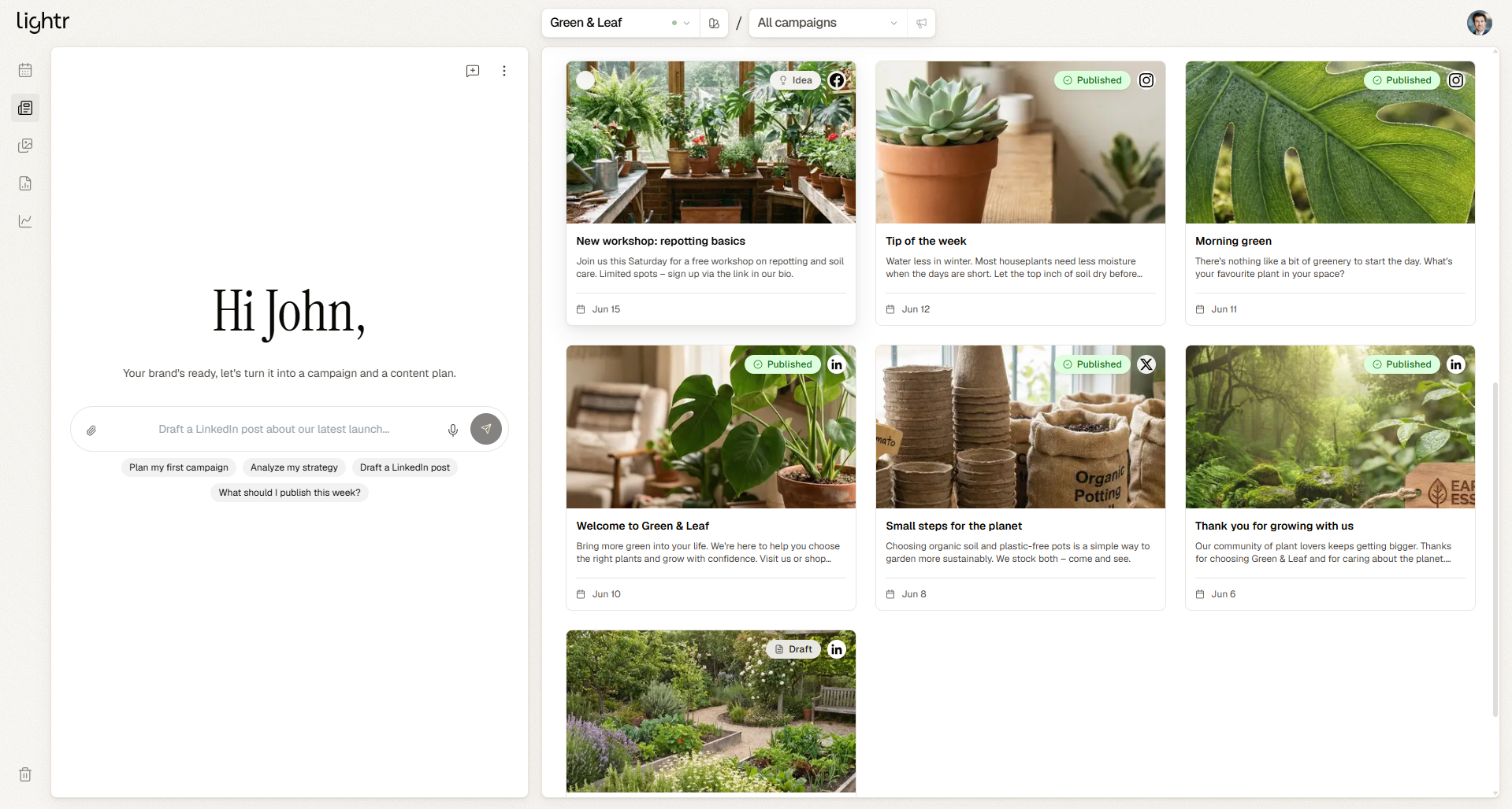 Screenshot of Ask on the left, finished posts on the right: imagery included, across every channel.