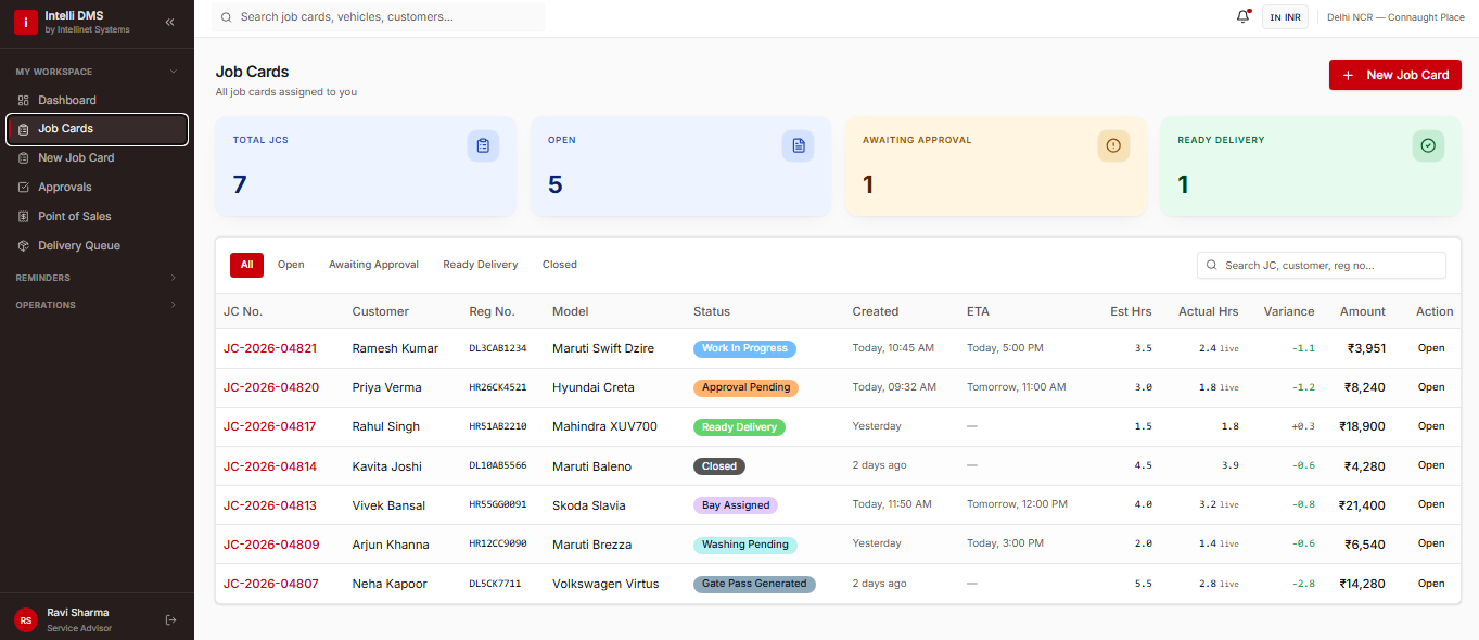 Screenshot of Job Card Management