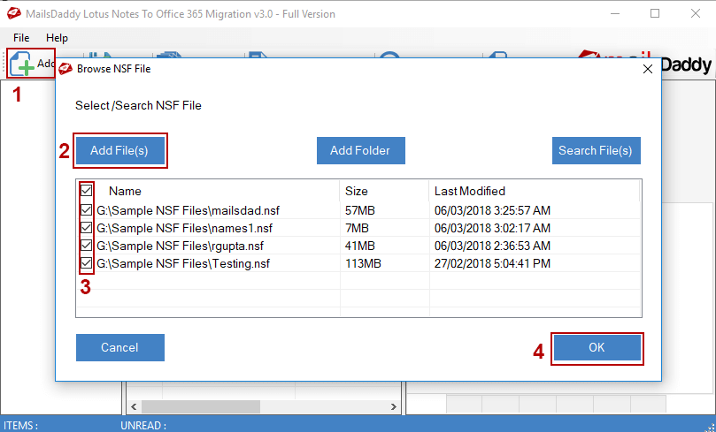 Screenshot of Add IBM Notes files to export NSF data in Office 365.