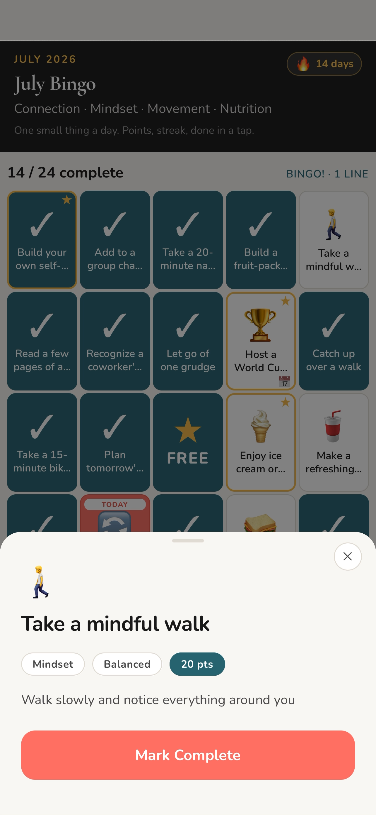 Screenshot of The monthly card: 24 self-care activities across movement, nutrition, mindset, and connection. Tap a square to see what it asks, then mark it complete. The center square is free, and gold squares are spotlight picks chosen for the month