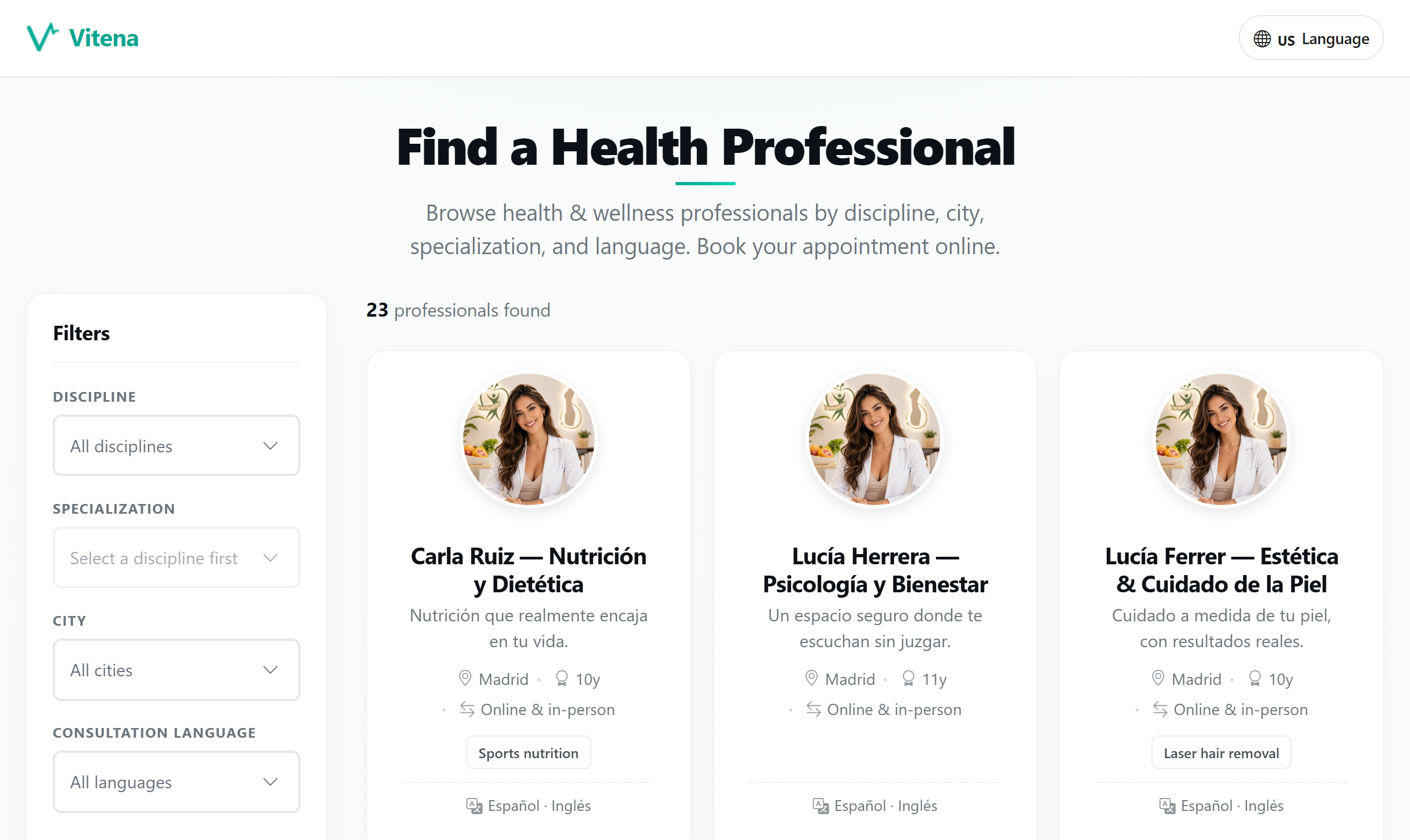 Screenshot of vitena directory, the place where you get found by clients
