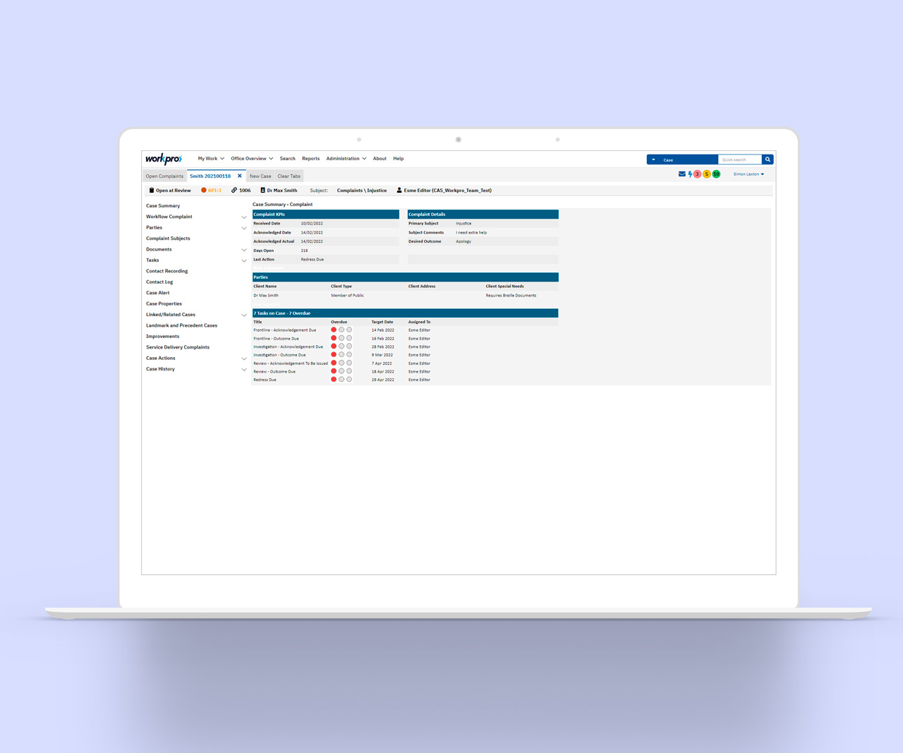 Screenshot of Case summary screen
