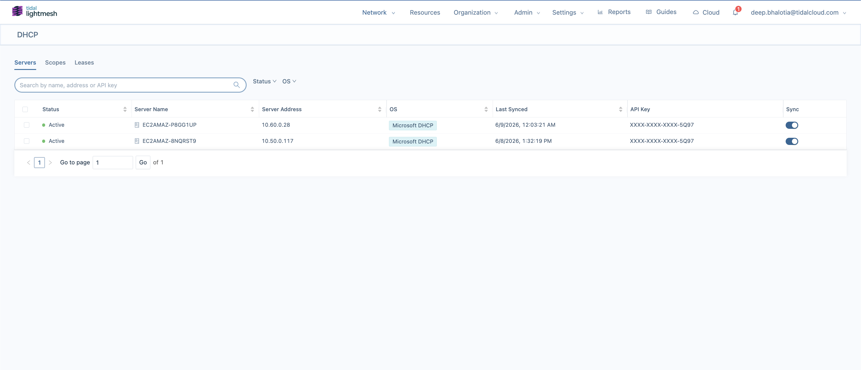 Screenshot of DHCP servers