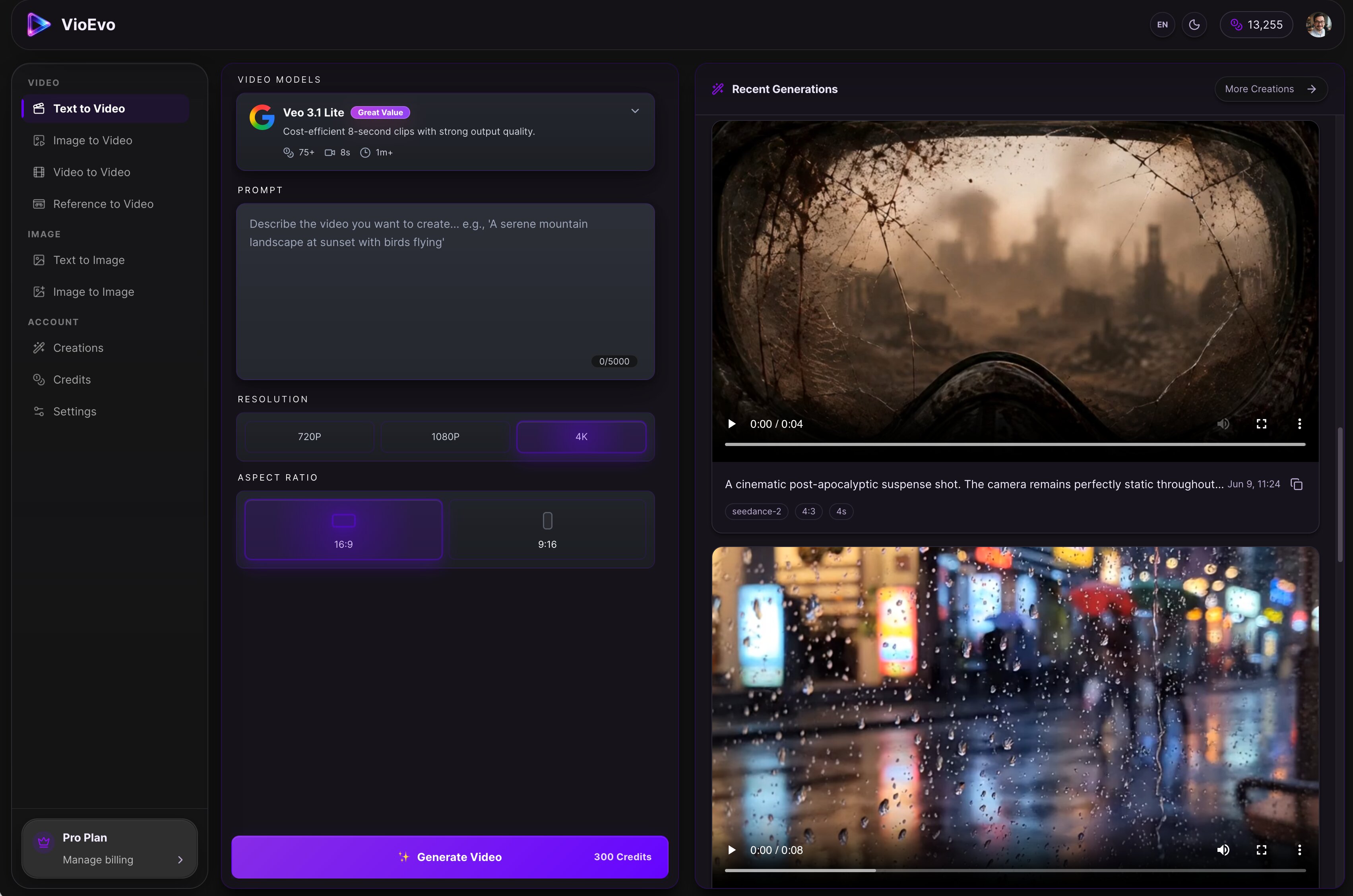 Screenshot of Text-to-Video interface transforming prompt descriptions into cinematic motion video clips.