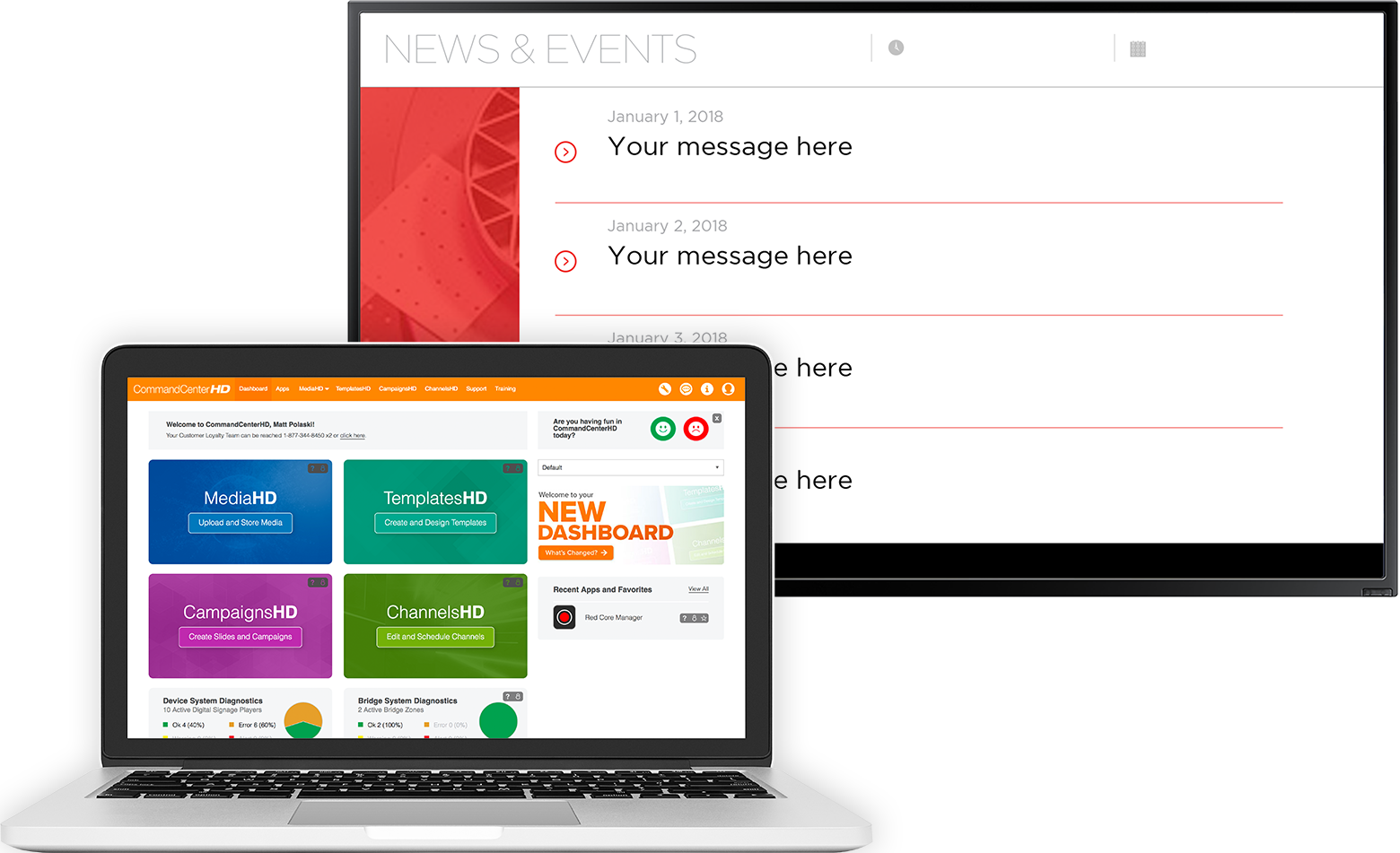 Screenshot of CommandCenterHD Dashboard with Signage displaying Events App