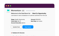 Screenshot of how Momentum turns Slack channels into Smart Deal Rooms that are 2-way connected to Salesforce and handle things like updating opportunities, taking notes, tracking calls and emails, and capturing files.
