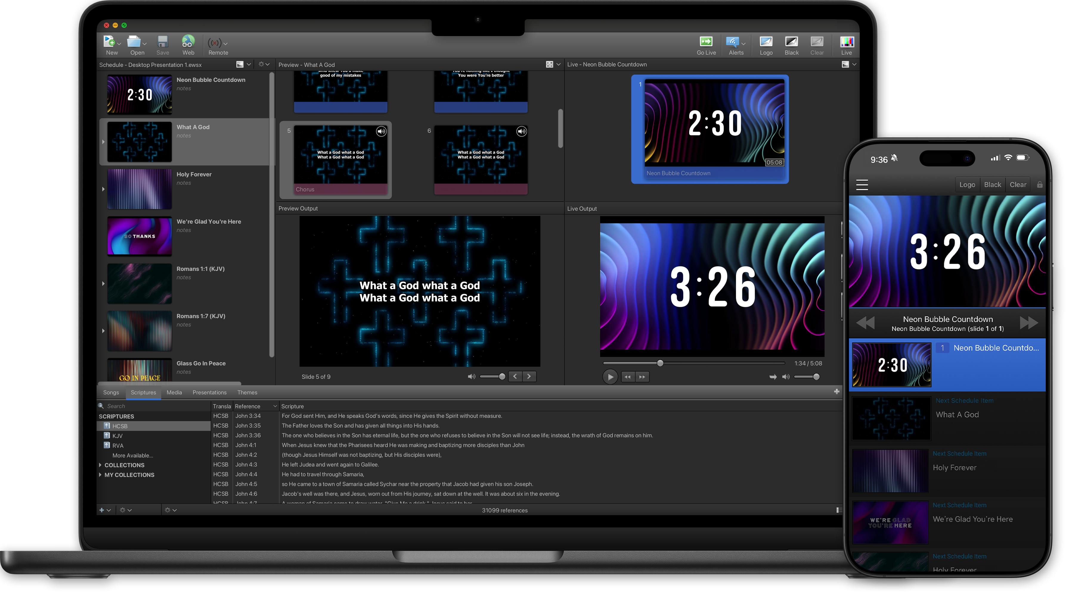 Screenshot of EasyWorship pictured on a laptop along with the remote control app on a cell phone.