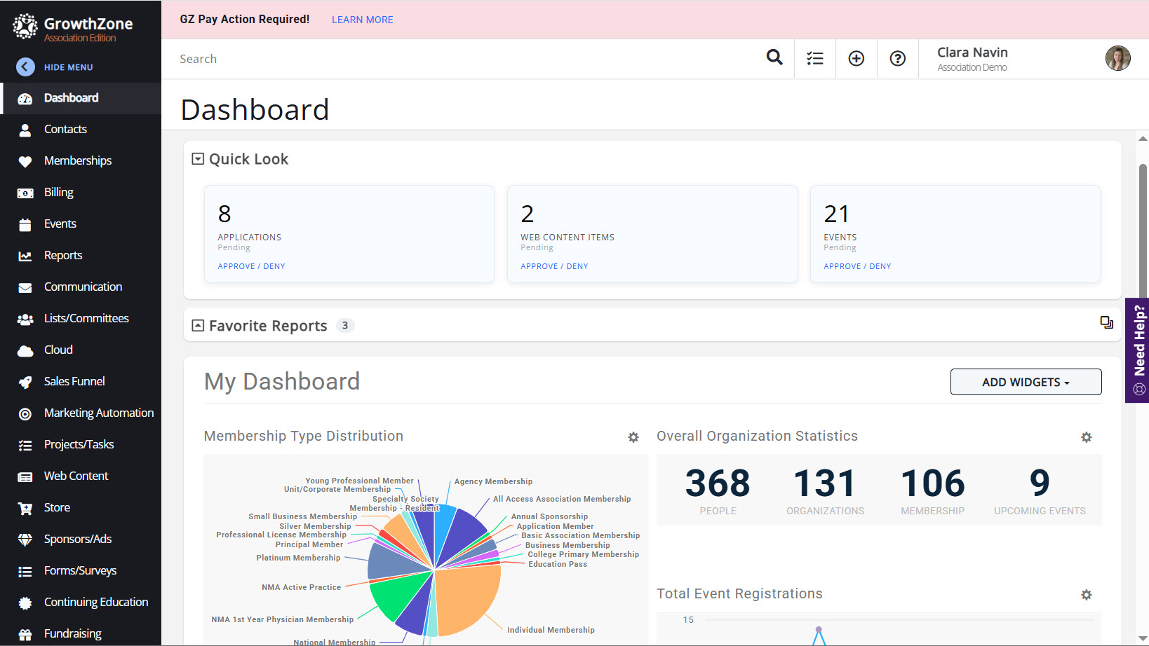 Screenshot of where each user can customize the GrowthZone dashboard for instant access to the information that is most important to them.