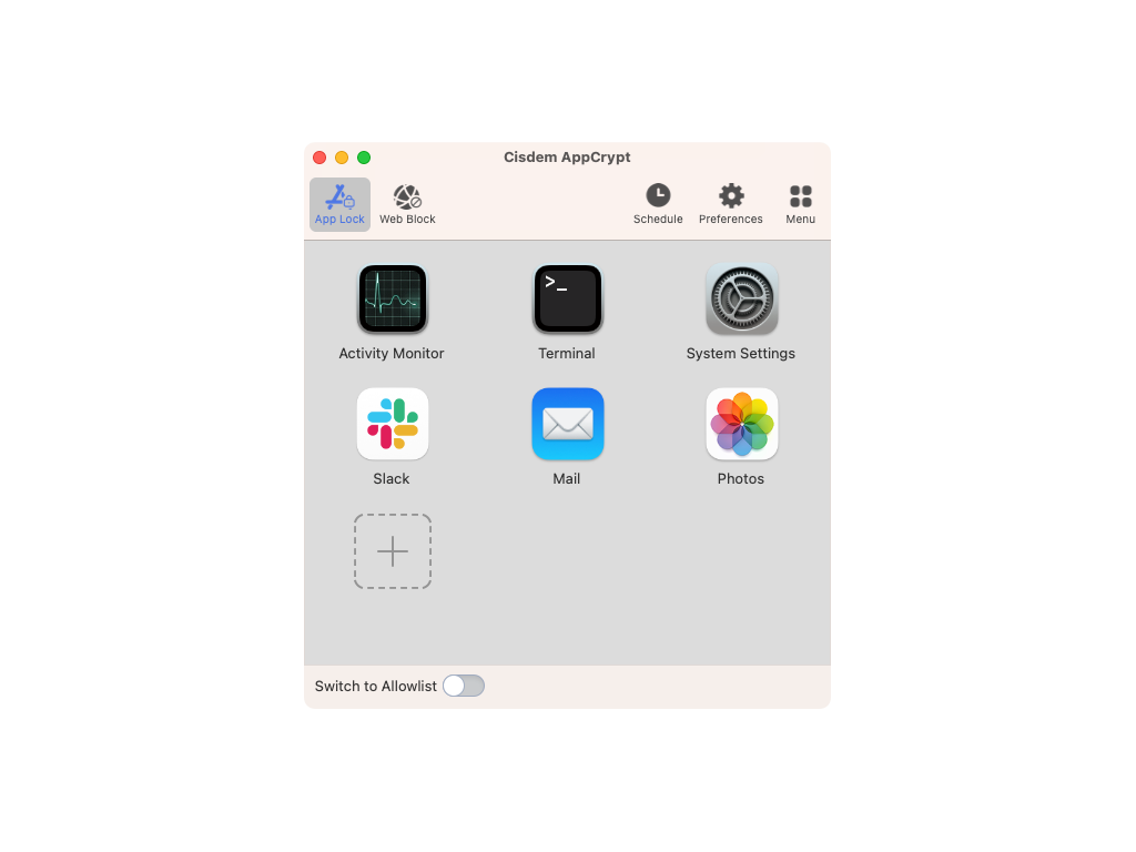 Screenshot of where to add apps to lock