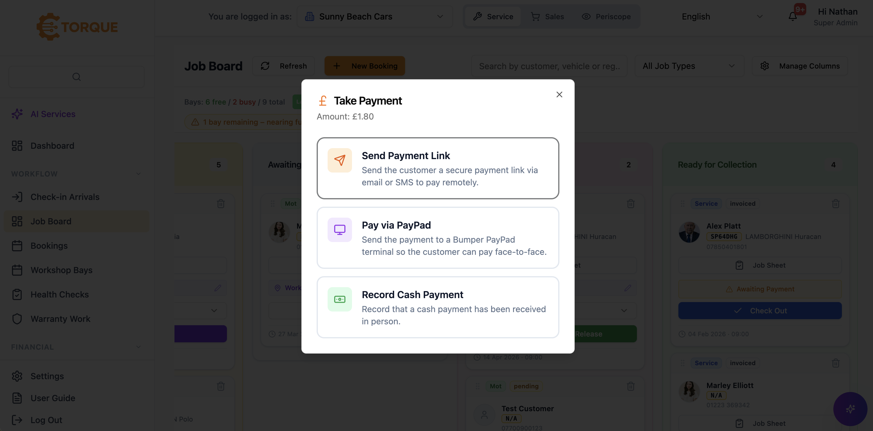 Screenshot of The payment modal overlaid on the Job Board. Shows a £1.80 payment with three options: Send Payment Link (email/SMS), Pay via PayPal (Bumper terminal), or Record Cash Payment.