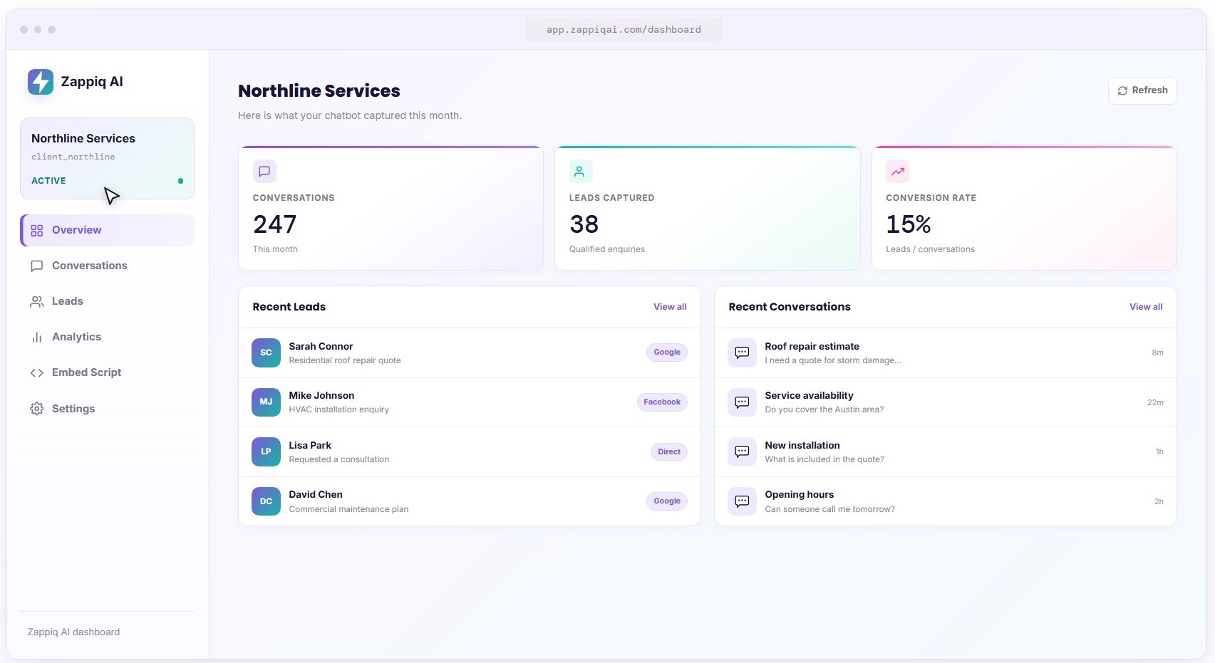 Screenshot of Zappiq AI - Dashboard Preview