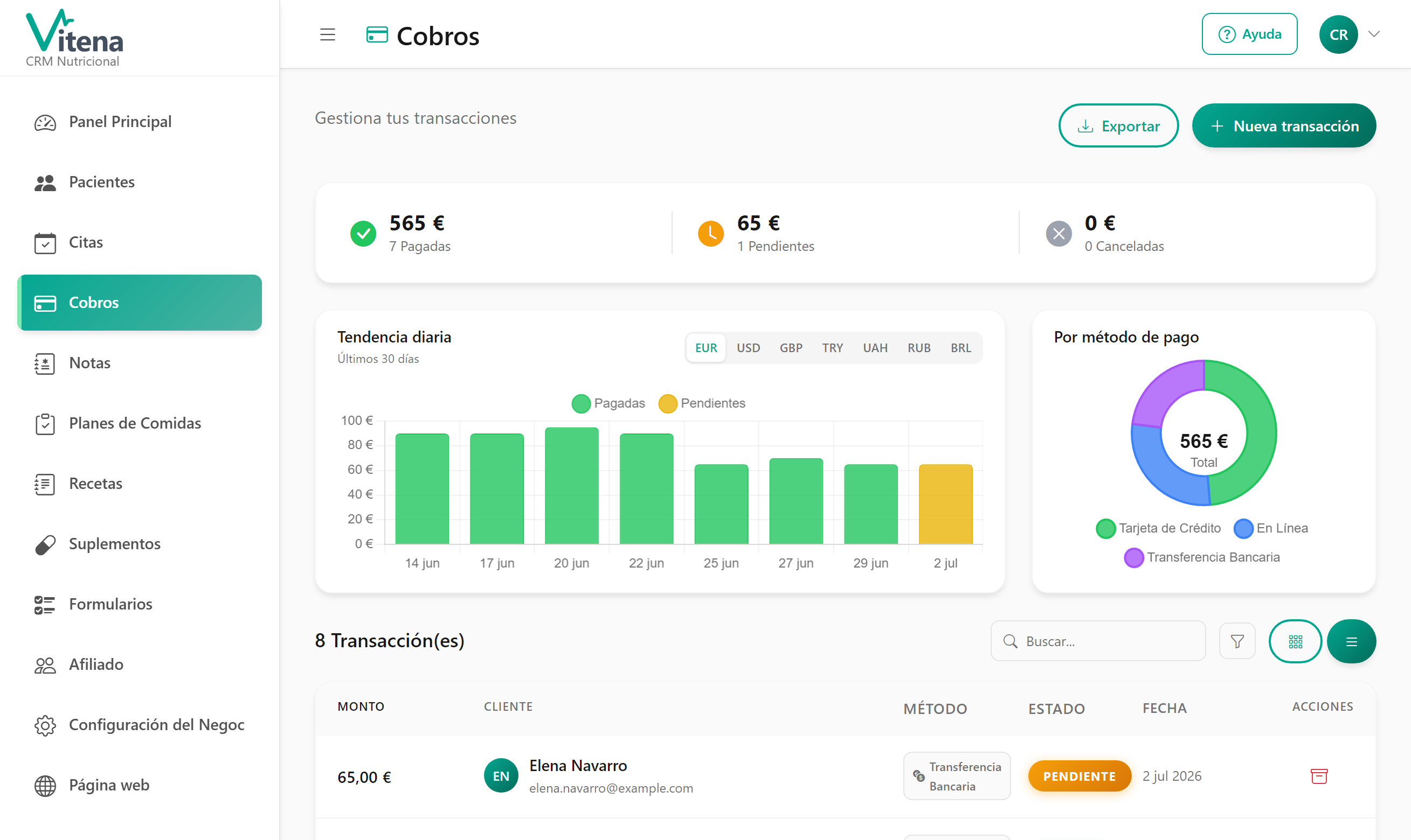 Screenshot of payments, money collections from your clients