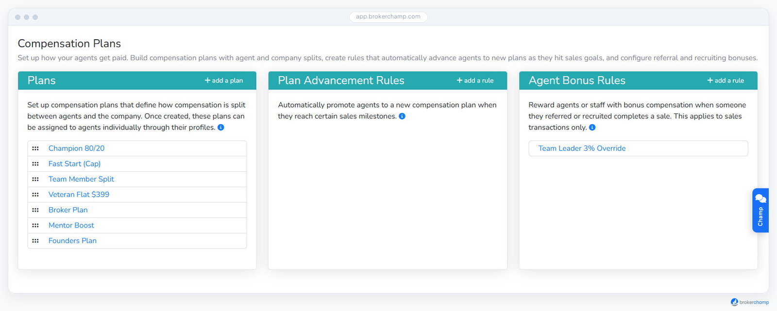 Screenshot of Compensation plans and bonus rules, configured once, applied automatically.