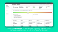 Screenshot of A detailed view of the trust and risk indicators NoFraud used to deliver a real-time Pass/Fail decision, viewable for any transaction.