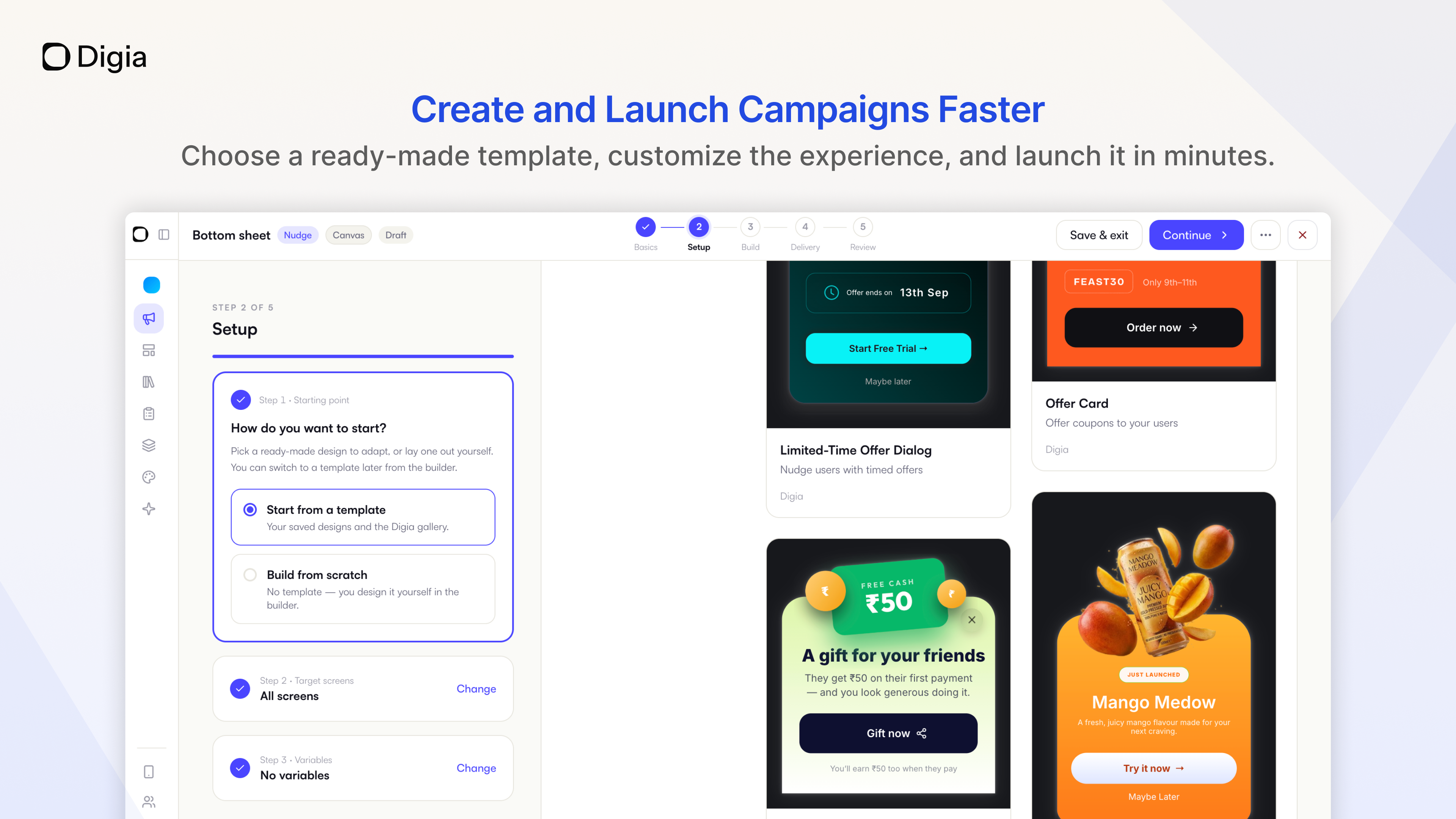 Screenshot of The Digia gallery of offer dialogs, coupon cards, referral prompts, and product launches. Set target screens and variables in a guided five-step flow.