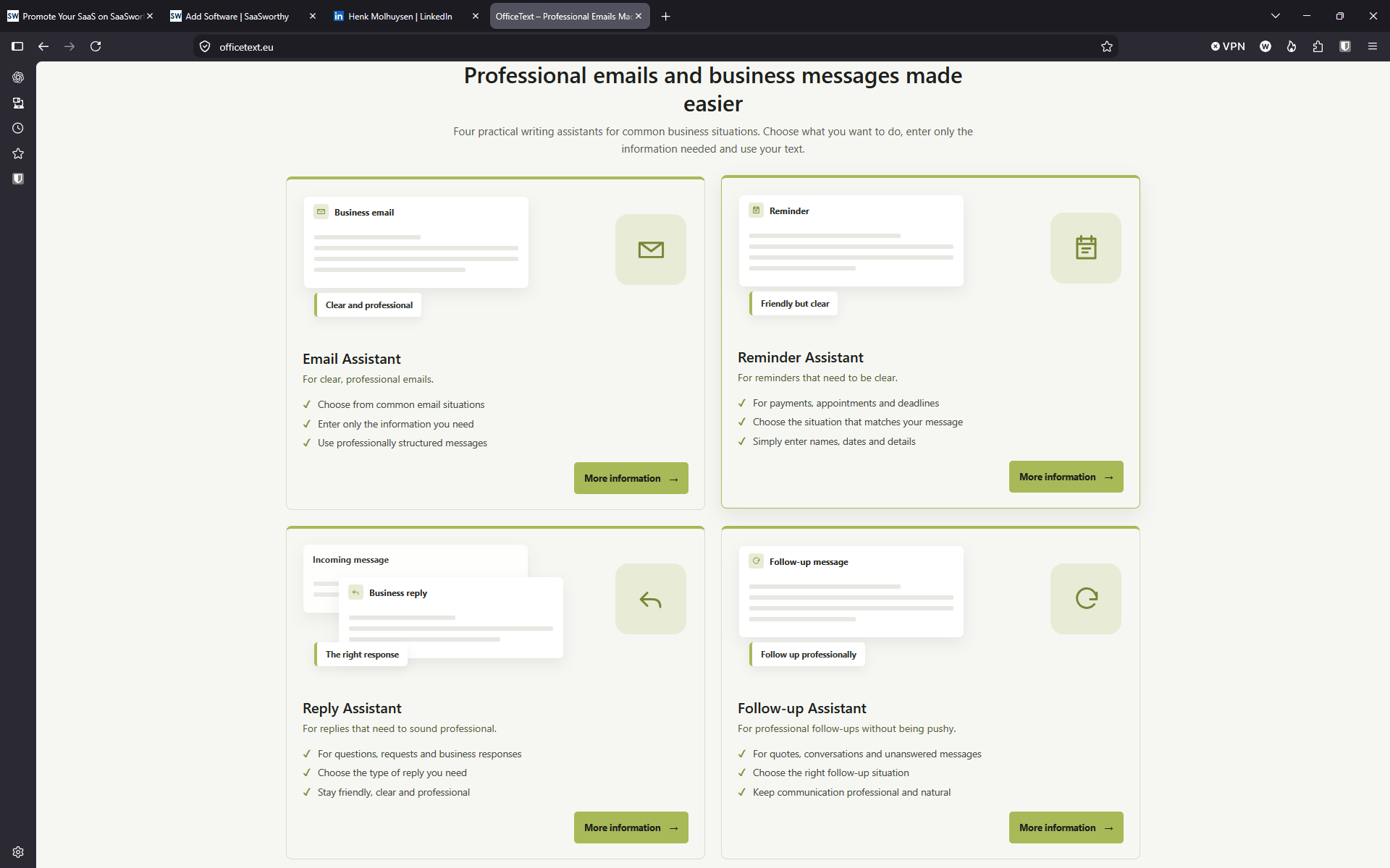 Screenshot of OfficeText assistant overview with Email, Reply, Reminder and Follow-up tools for everyday professional communication.