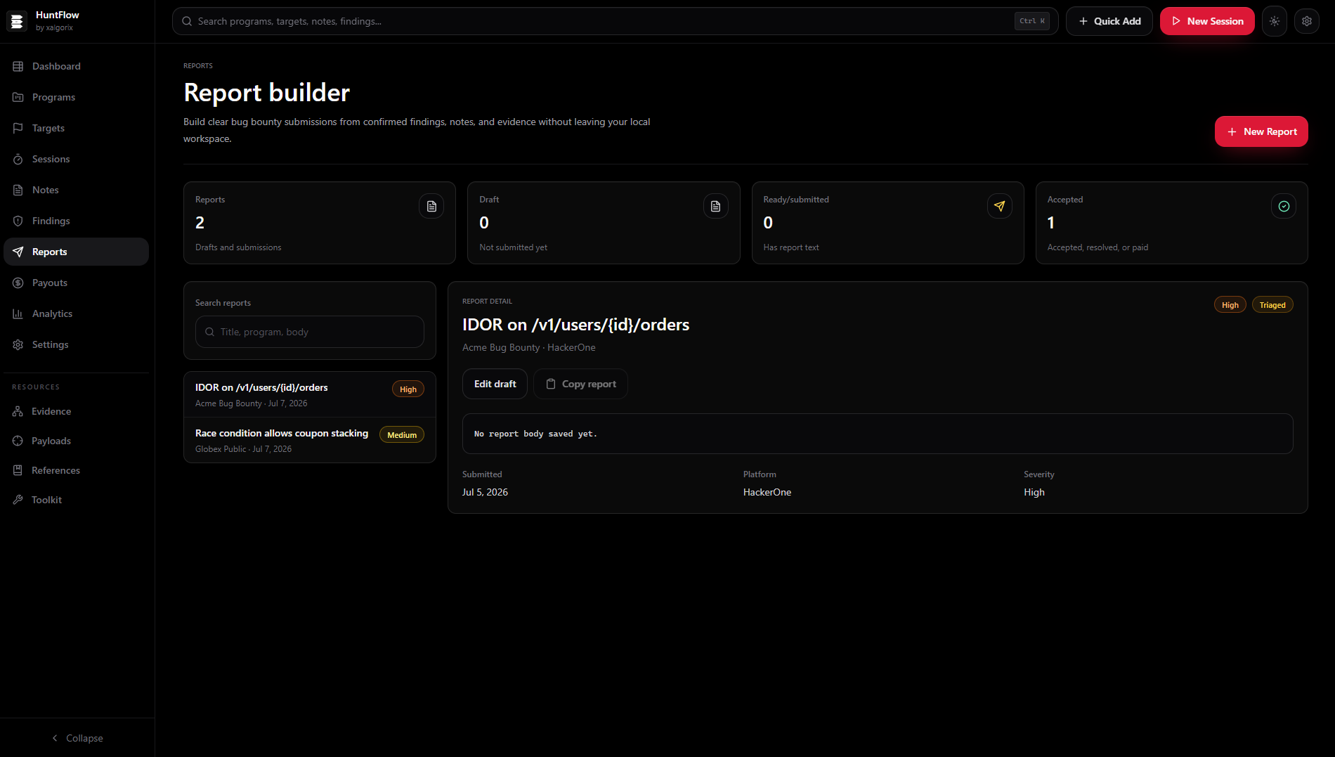 Screenshot of Reports