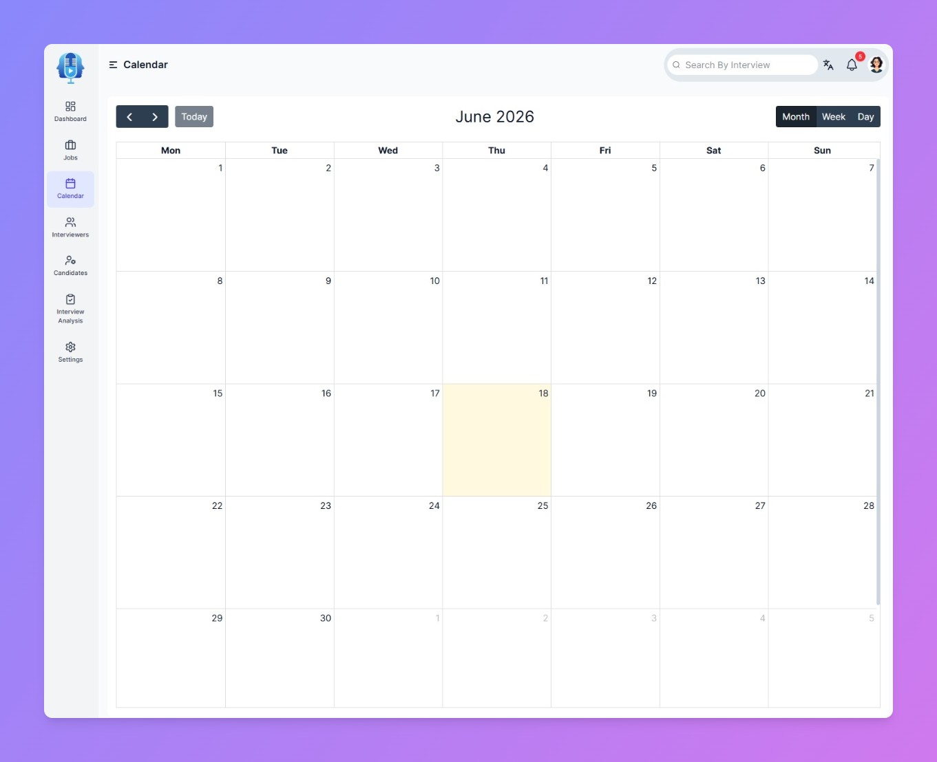 Screenshot of the integrated calendar, used to schedule, organize, and track interviews by day, week, or month while keeping recruiters and interviewers aligned.