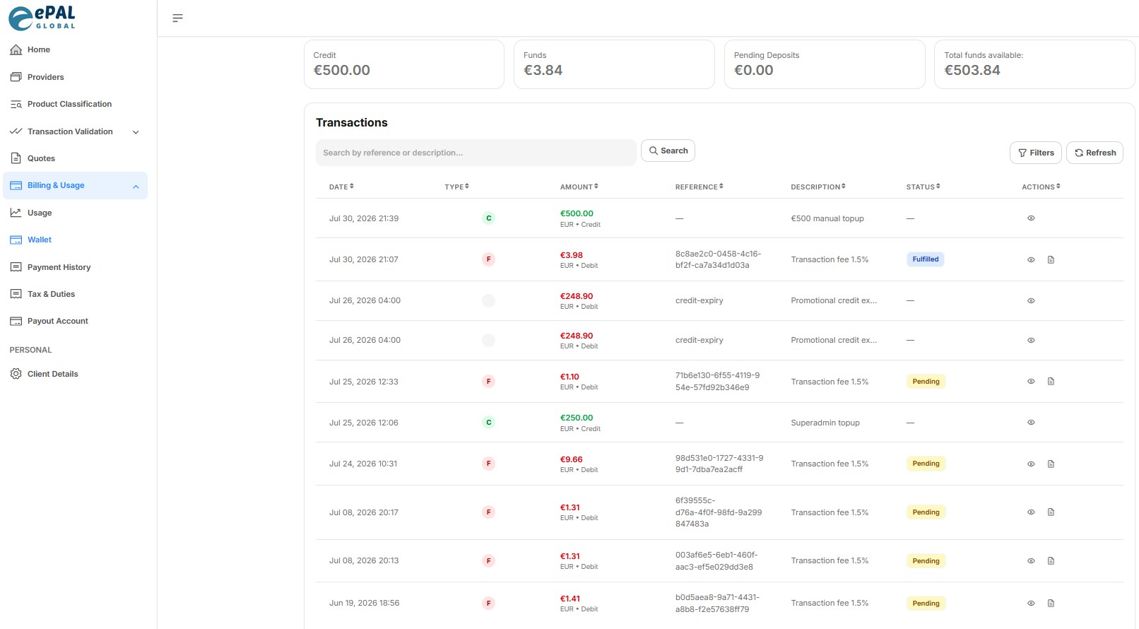 Screenshot of ePAL portal showing the multi-level (default and fallback) multi-provider configuration