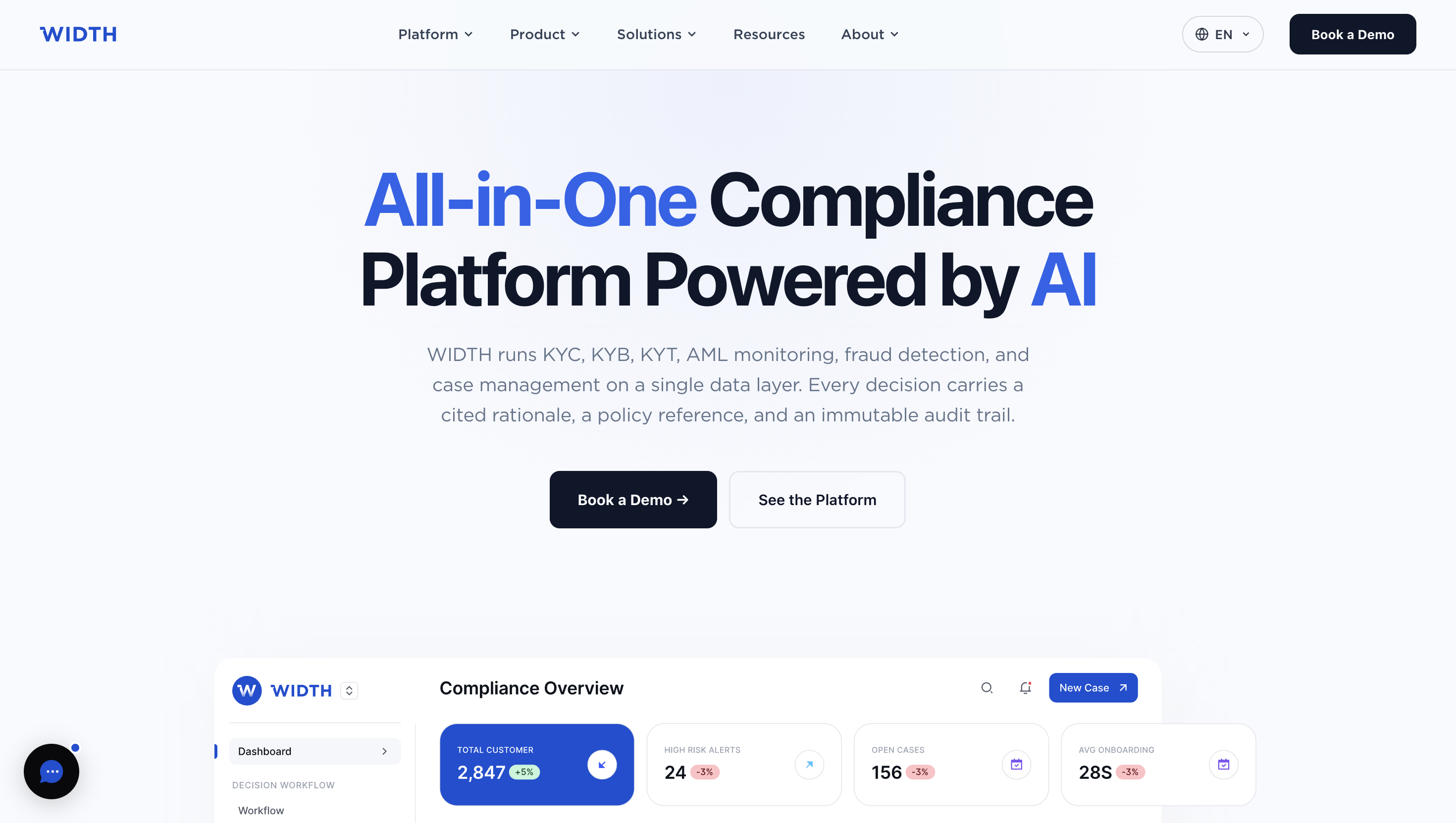 Screenshot of WIDTH homepage — a compliance platform powered by AI, covering KYC/AML, risk monitoring, due diligence and audit reporting