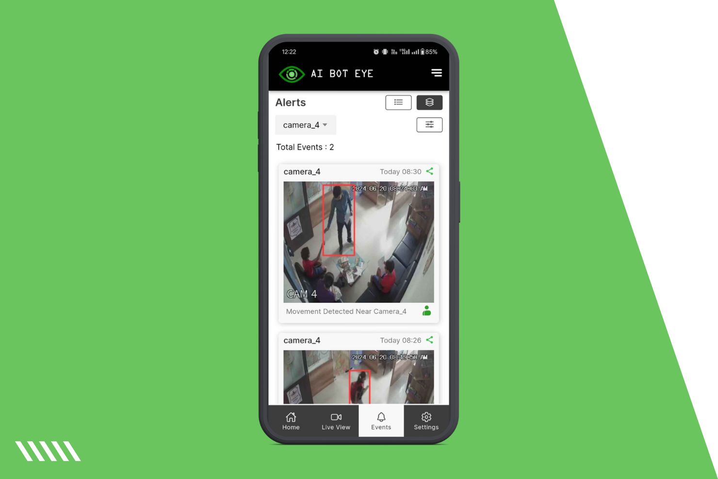 Screenshot of real-time alerts from each camera, appearing on mobile.