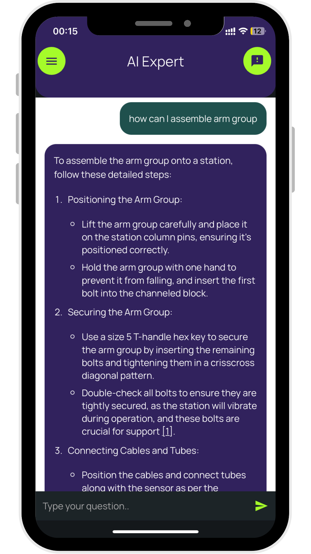Screenshot of the AI-expert chatbot that brings knowledge to frontline workers.
