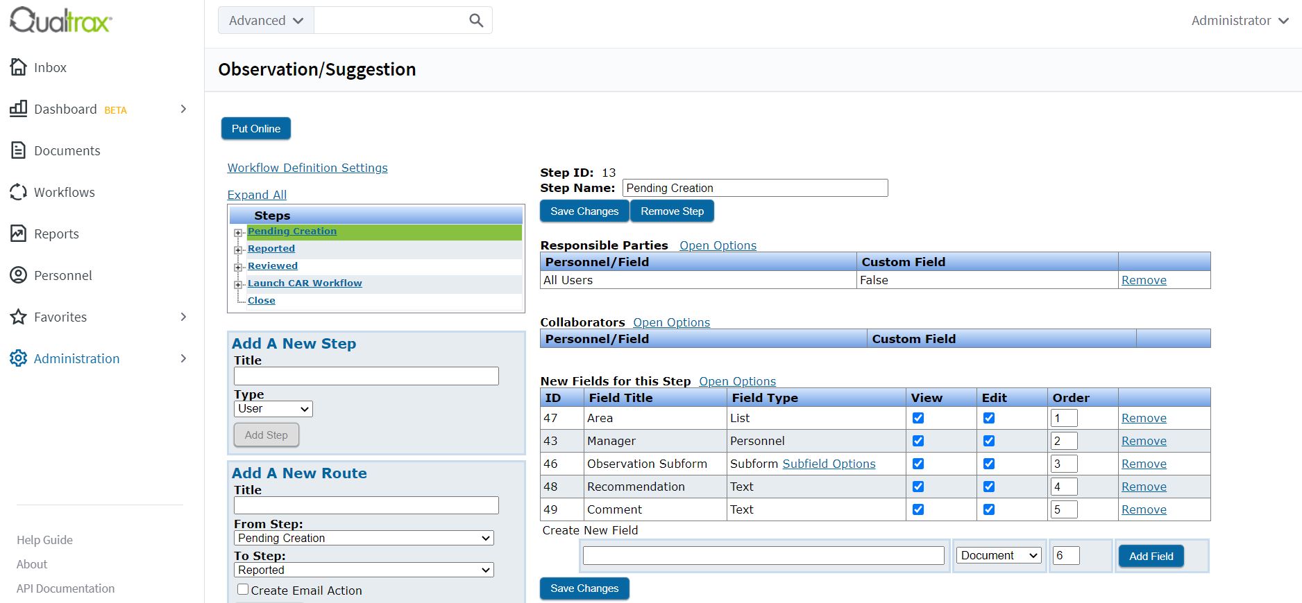 Screenshot of Workflow Definition - Admin