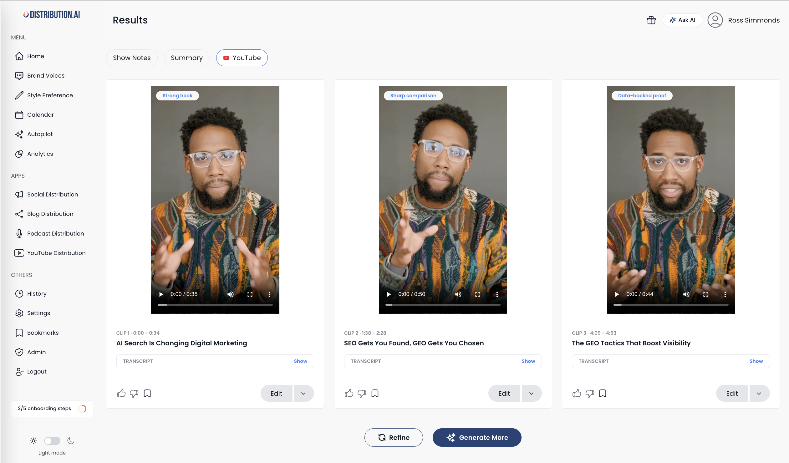 Screenshot of Distribution.ai's YouTube Distribution dashboard with three AI-generated video clips from one source video with titles, timestamps, and hook labels.