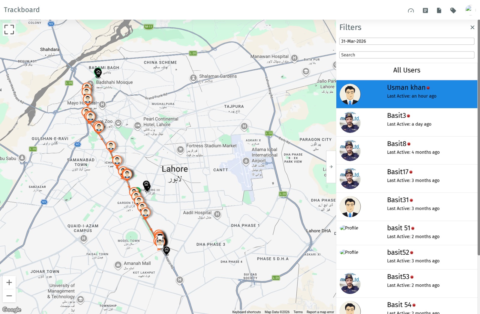 Screenshot of the dashboard to monitor live and previous rider locations on an interactive map. Track routes, review movement history, verify deliveries, and gain complete visibility into field operations in real time.