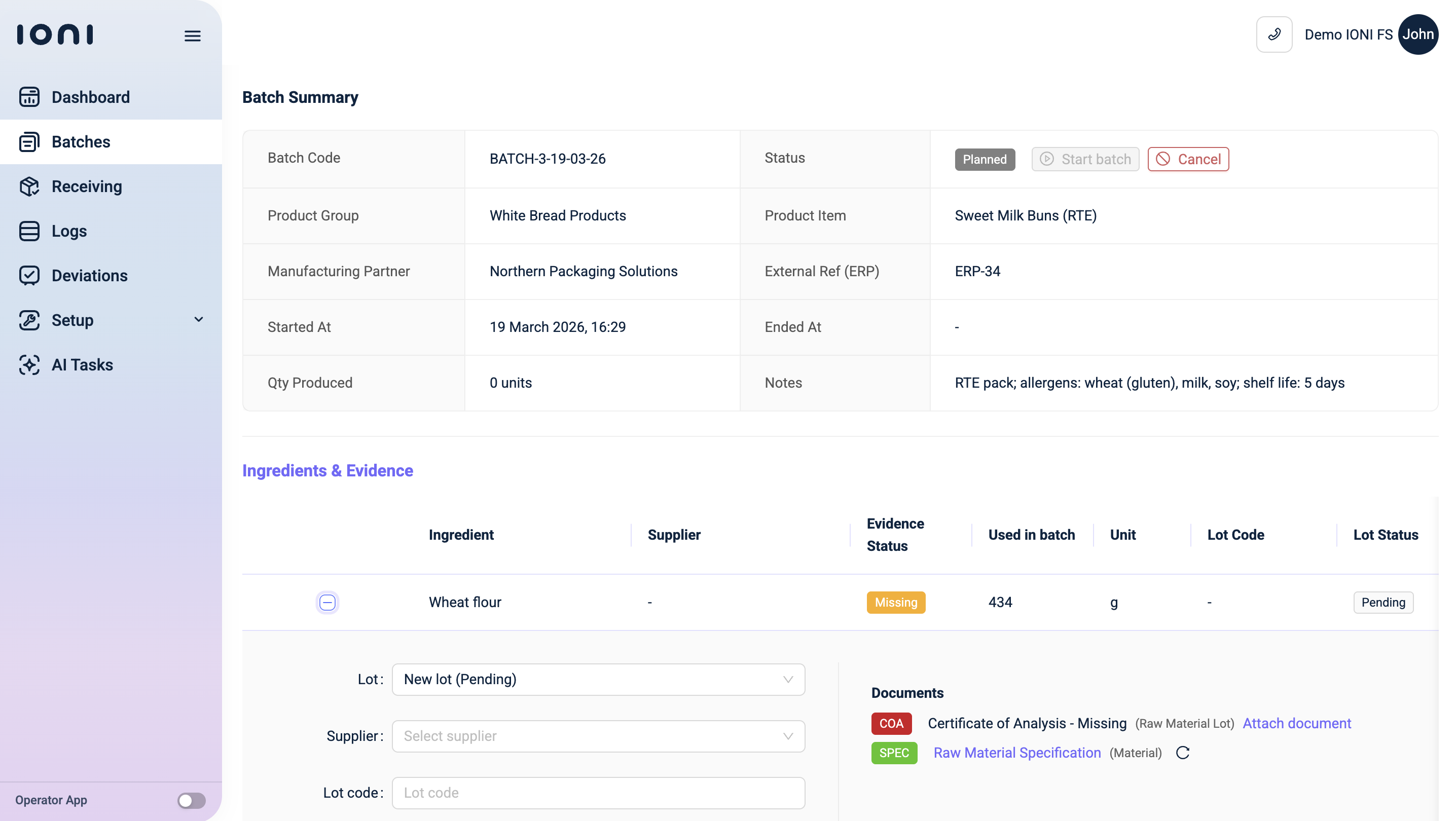 Screenshot of For every batch, IONI compiles required ingredient lots, validated CoAs, supplier status, and expiry checks into a complete compliance package. One click → audit-ready documentation.