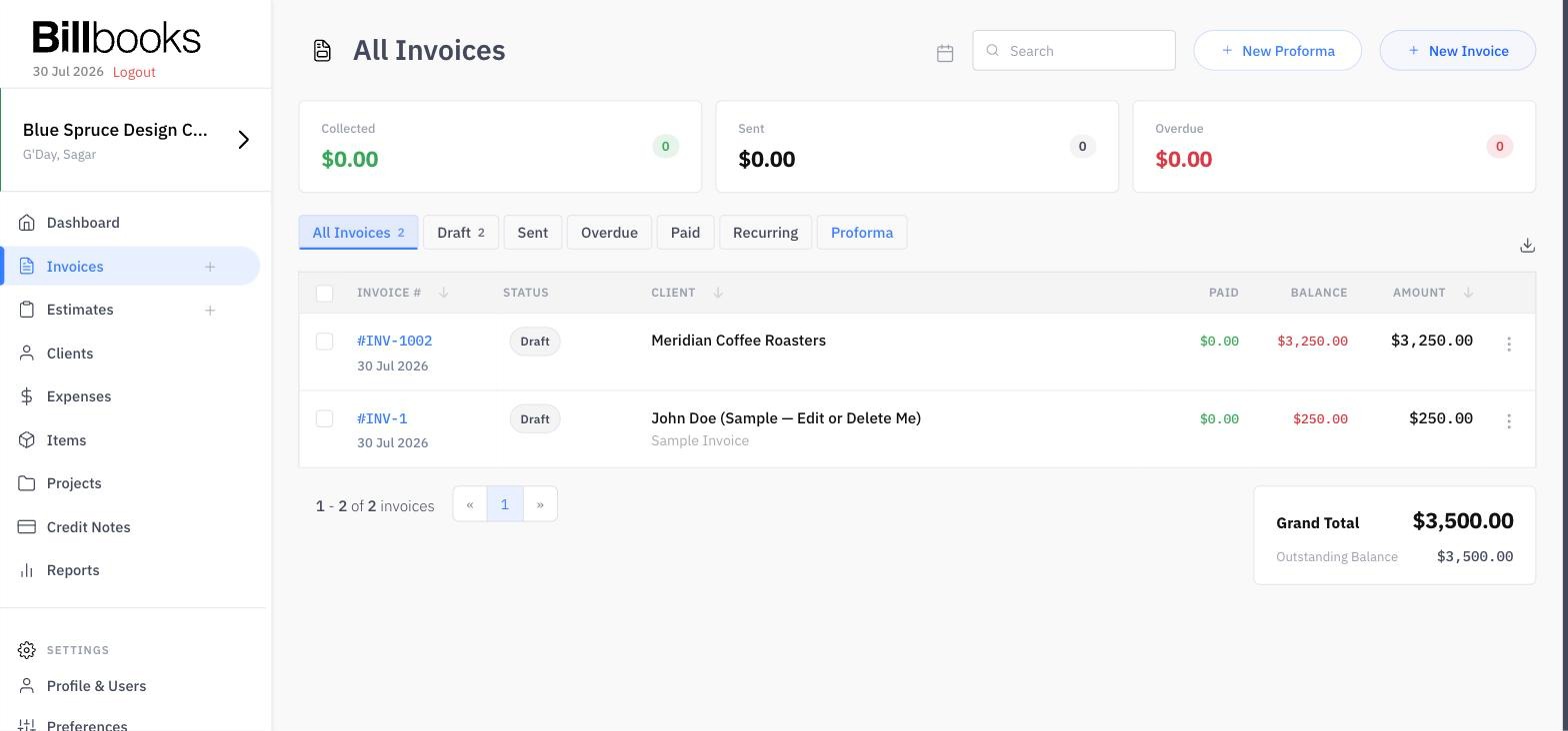 Screenshot of the invoice management dashboard displaying all invoices with status labels, client details, outstanding balances, payment amounts, and a summary panel for grand total and outstanding balance making statuses, balances, and totals easy to view.
