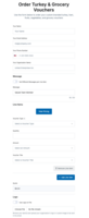 Screenshot of Turkey & Grocery Voucher Order Form, used to place and customize a turkey or grocery gift certificate order. Select delivery method, add a message, and upload a logo. Choose the type of voucher and the value. No minimum order quantities. Only pay for the value of the gift certificates, no additional service fees. Redeemable at most grocery stores nationwide.