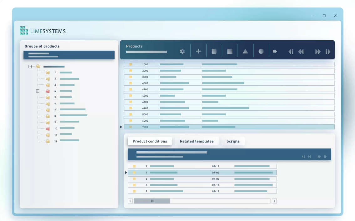 Screenshot of Workspace for managing banking product groups, product settings, conditions, related templates, and scripts in SCROOGE.