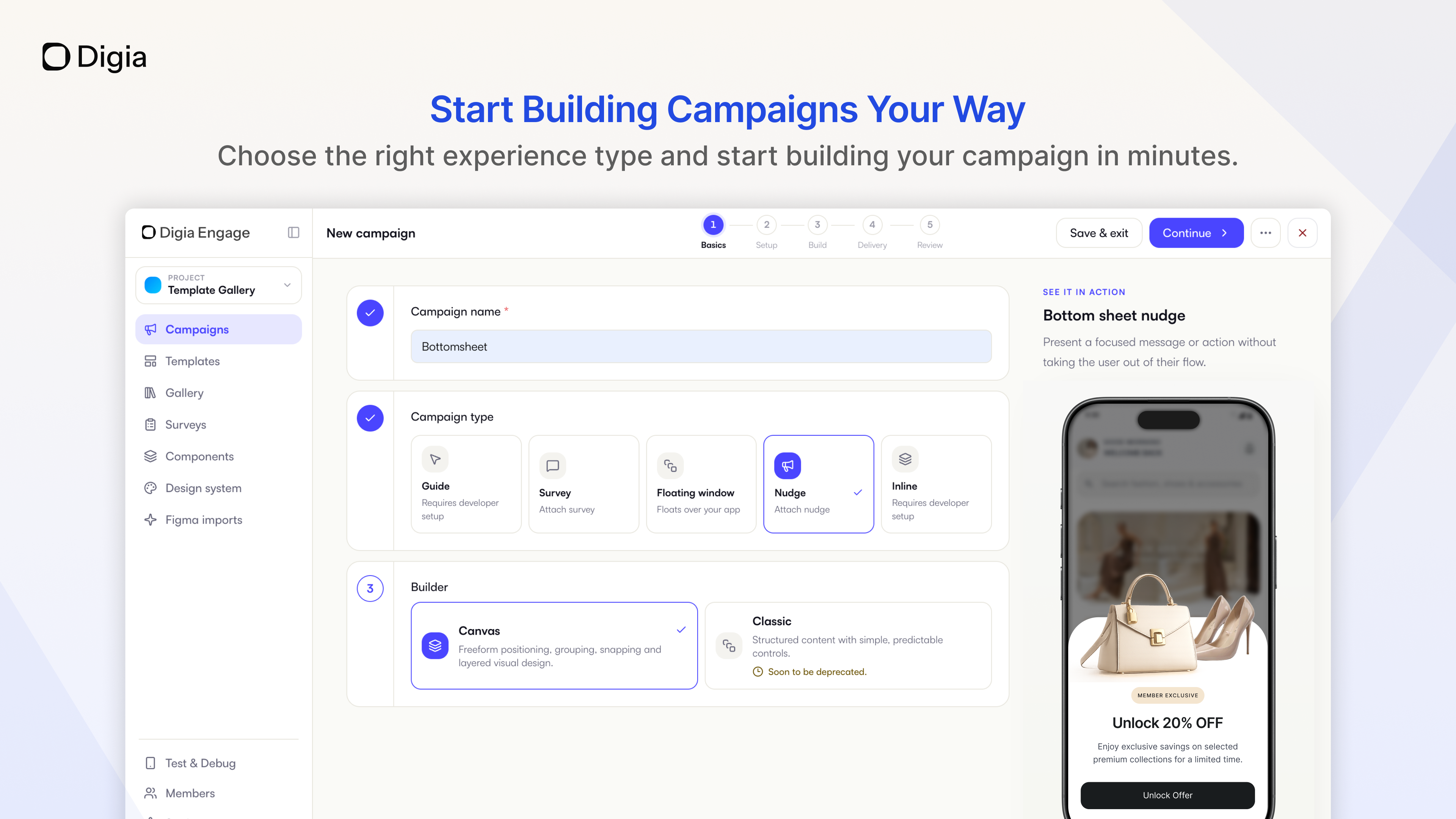 Screenshot of Guides, Surveys, Floating Windows, Nudges, or Inline experiences, that can be designed on a freeform Canvas builder. A live phone preview shows exactly how each campaign will look to users.