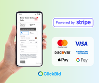 Screenshot of ClickBid's secure Stripe payments that accept all major credit cards, plus Apple Pay and Google Pay. This charges a flat 3.5% transaction fee across the board.