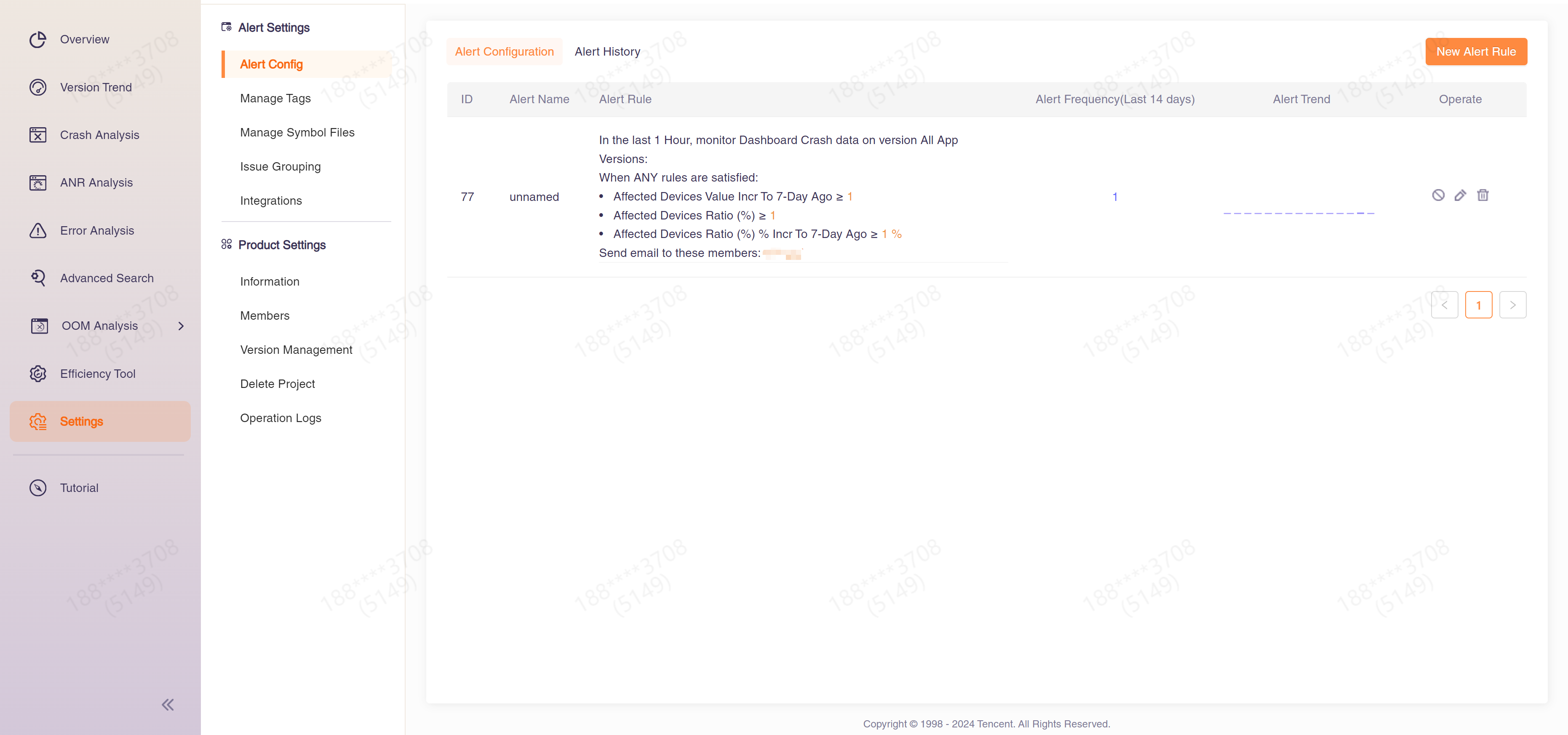 Screenshot of Alert Config