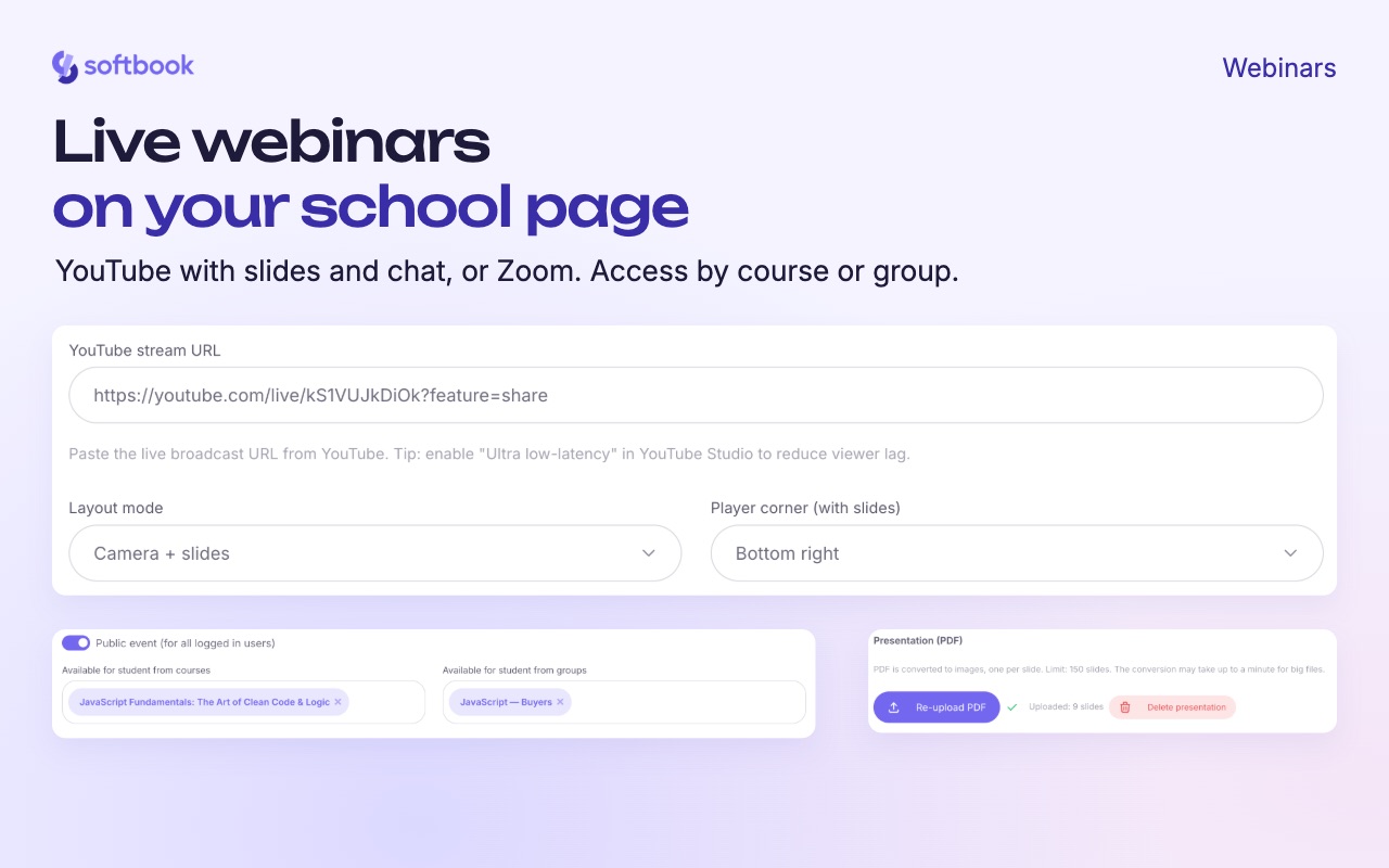 Screenshot of Live webinars on your school page