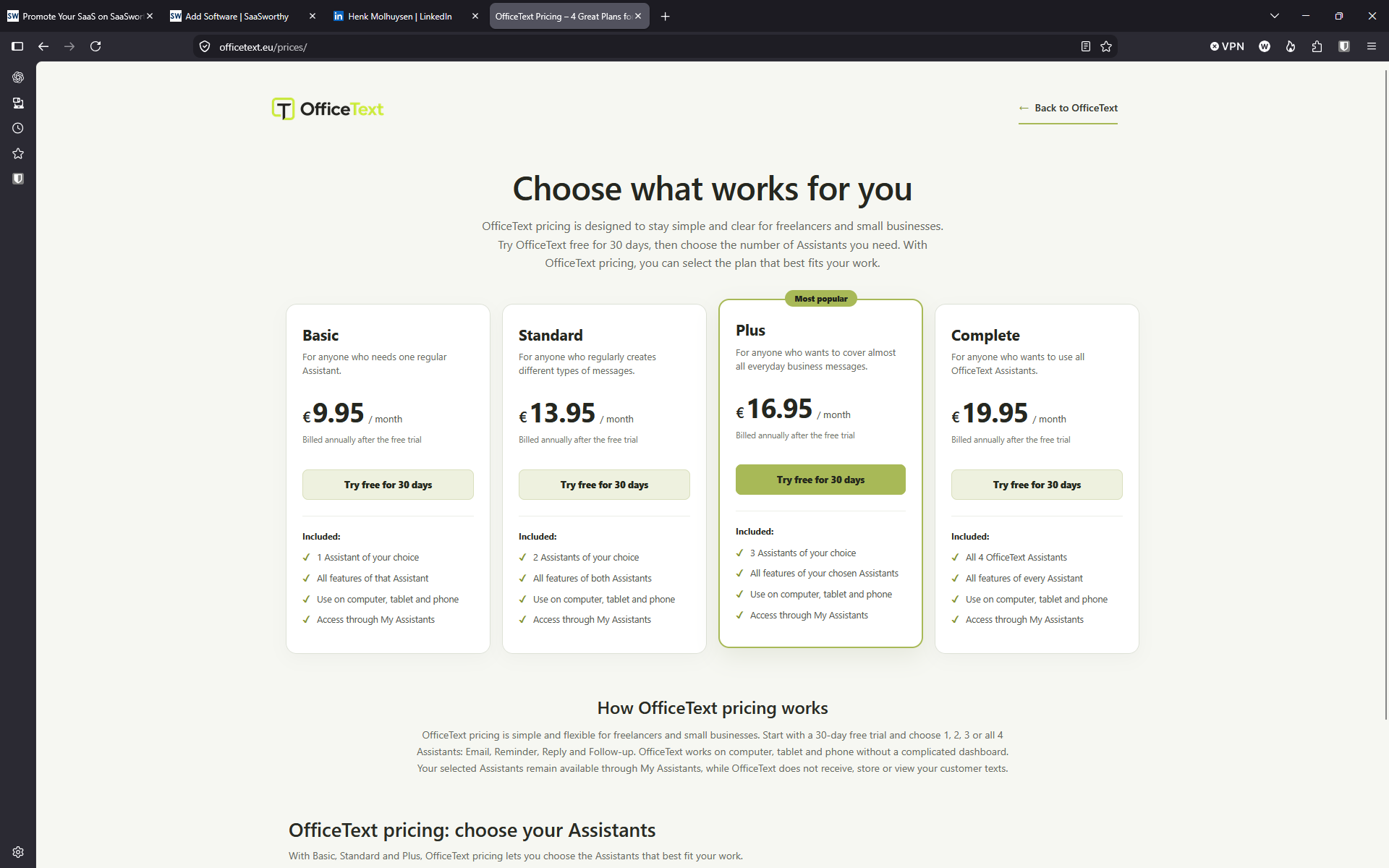 Screenshot of OfficeText annual pricing showing the Basic, Standard, Plus and Complete plans with lower monthly equivalent rates.