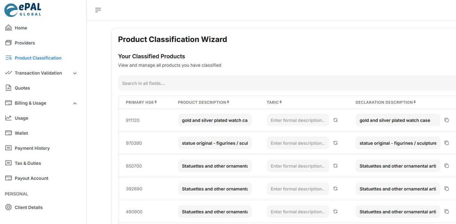 Screenshot of ePAL portal showing the Product Classification screen