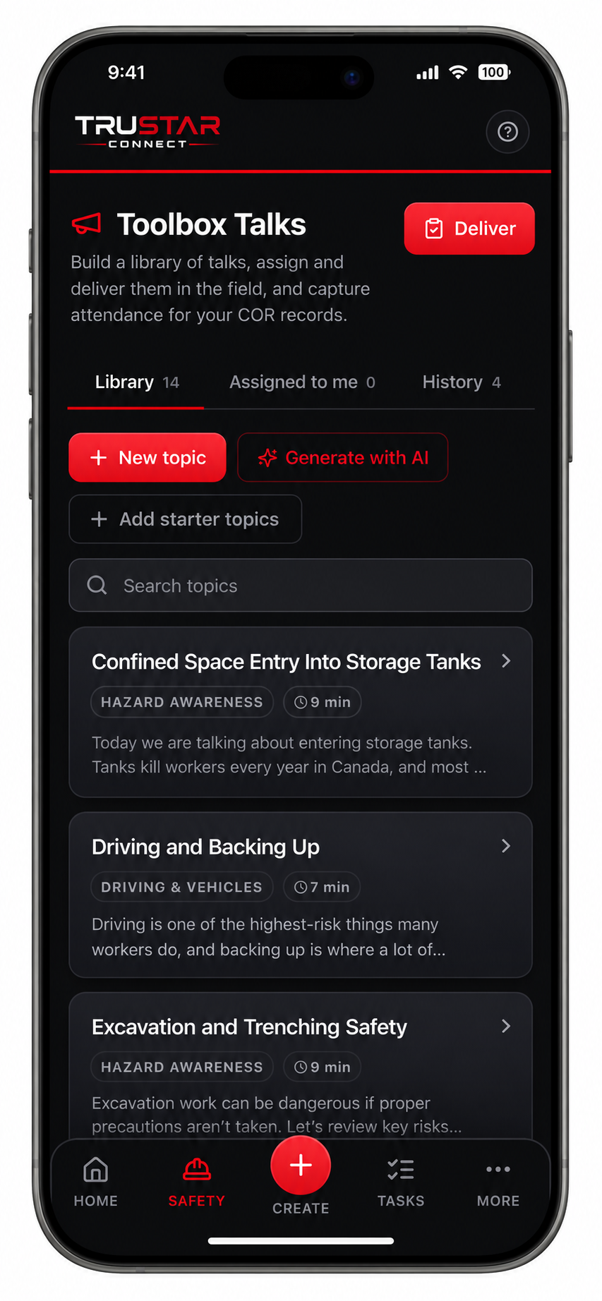 Screenshot of Toolbox talk library with AI assistant for creating new meeting topics. Assign topics to supervisors to deliver in the field.