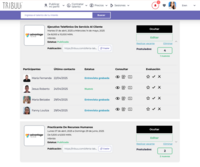 Screenshot of Tribuu's Recruiter Dashboard, which provides a centralized table where hiring teams can efficiently manage applicants. Recruiters can filter profiles, evaluate candidates, mark favorites, leave internal notes, and track who completed the pre-interview process. This table also shows who is ready for a live video call.